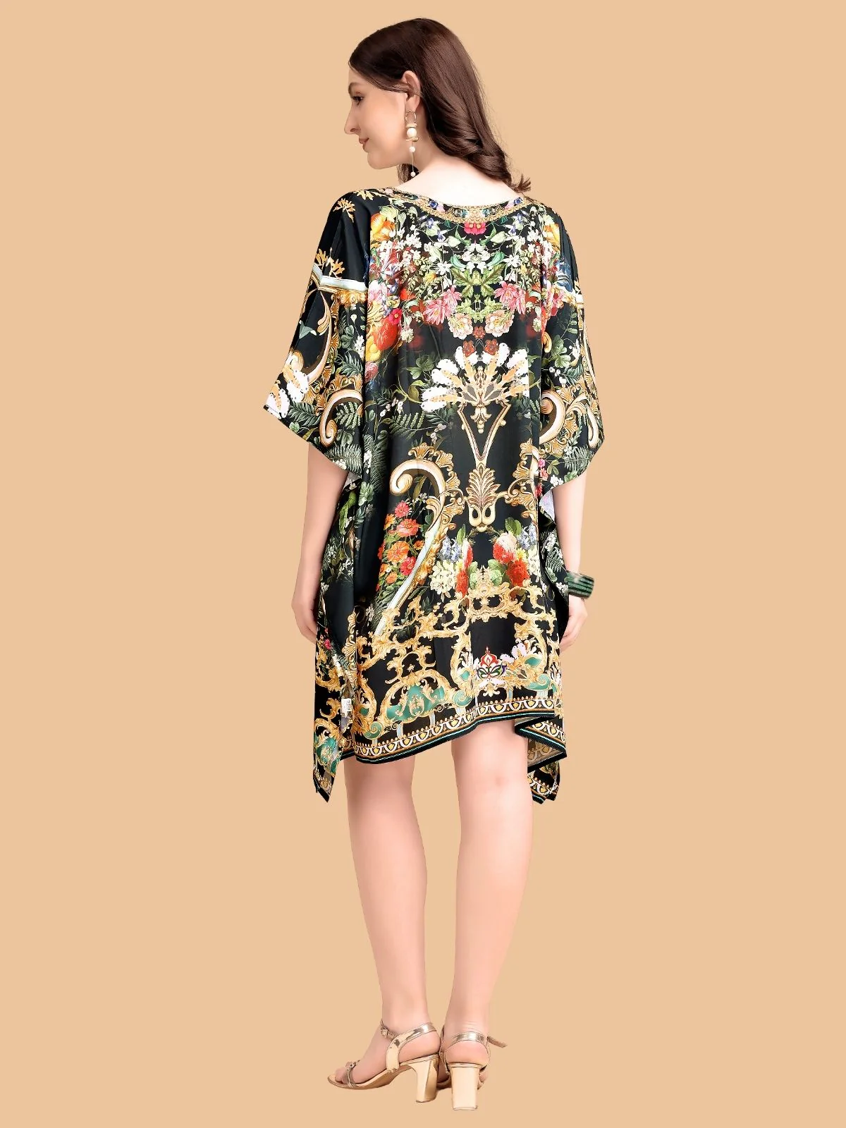 Odette Black Silk Blend Printed Kaftan For Women - Image 3