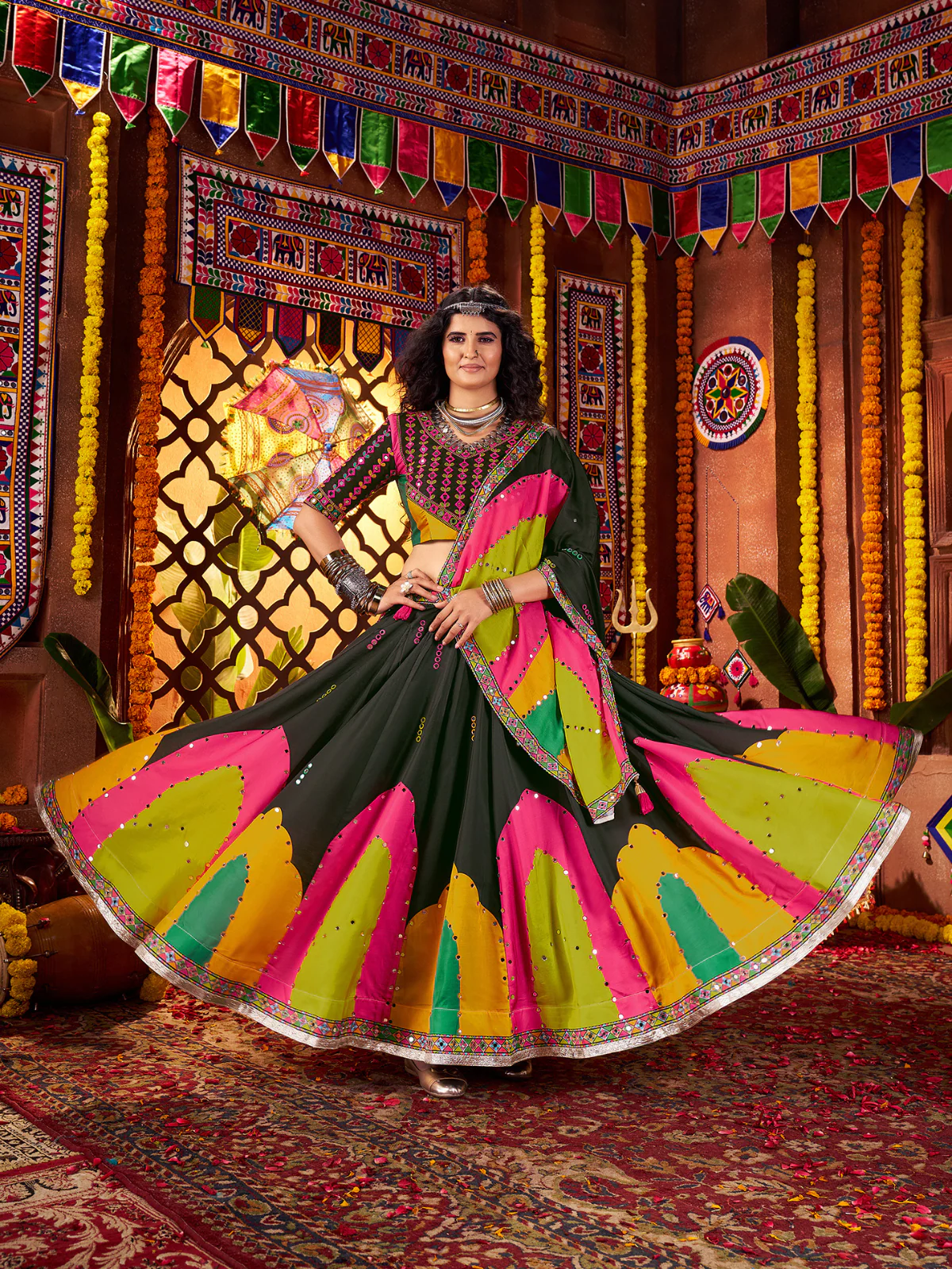 Odette Black Silk Blend Printed Semi-Stitched Lehenga For Women - Image 2
