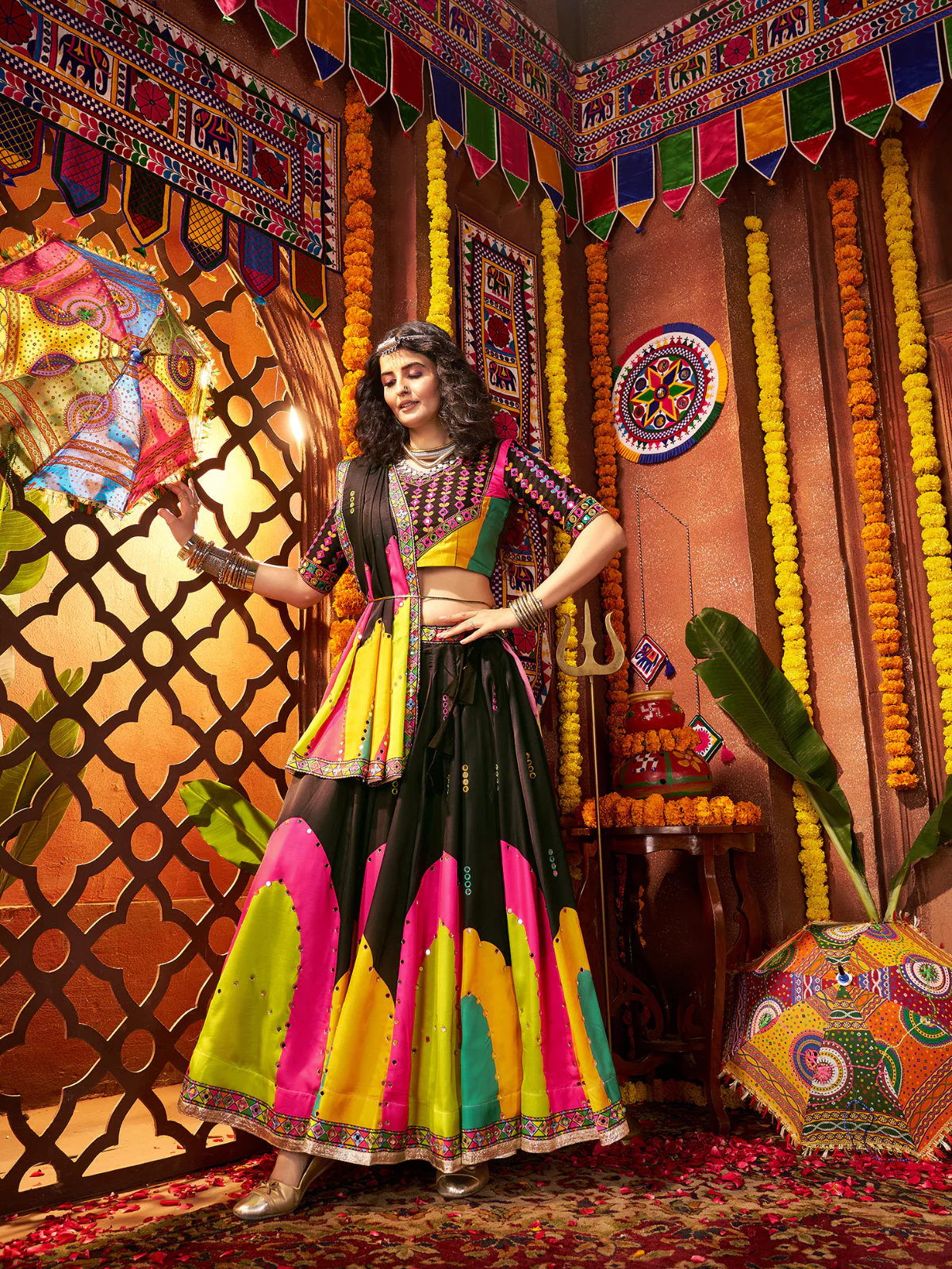 Odette Black Silk Blend Printed Semi-Stitched Lehenga For Women - Image 3
