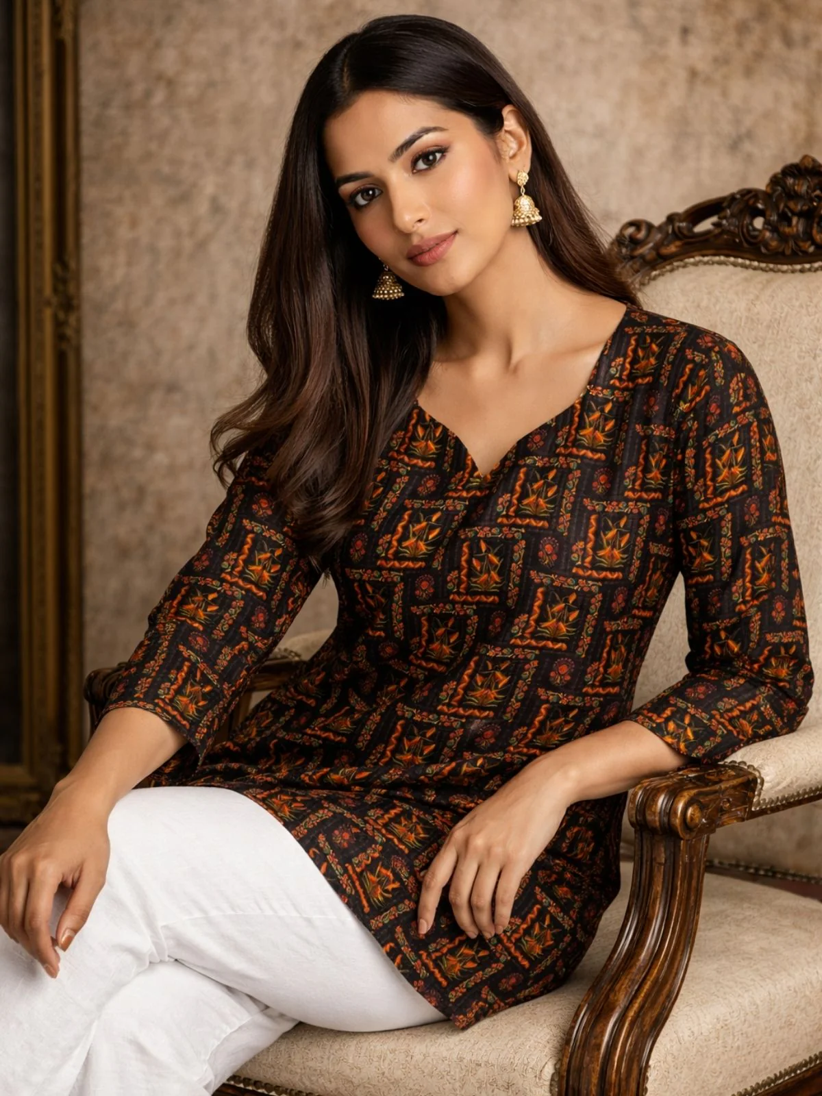Odette Black Silk Blend Printed Solid Kurti For Women - Image 2
