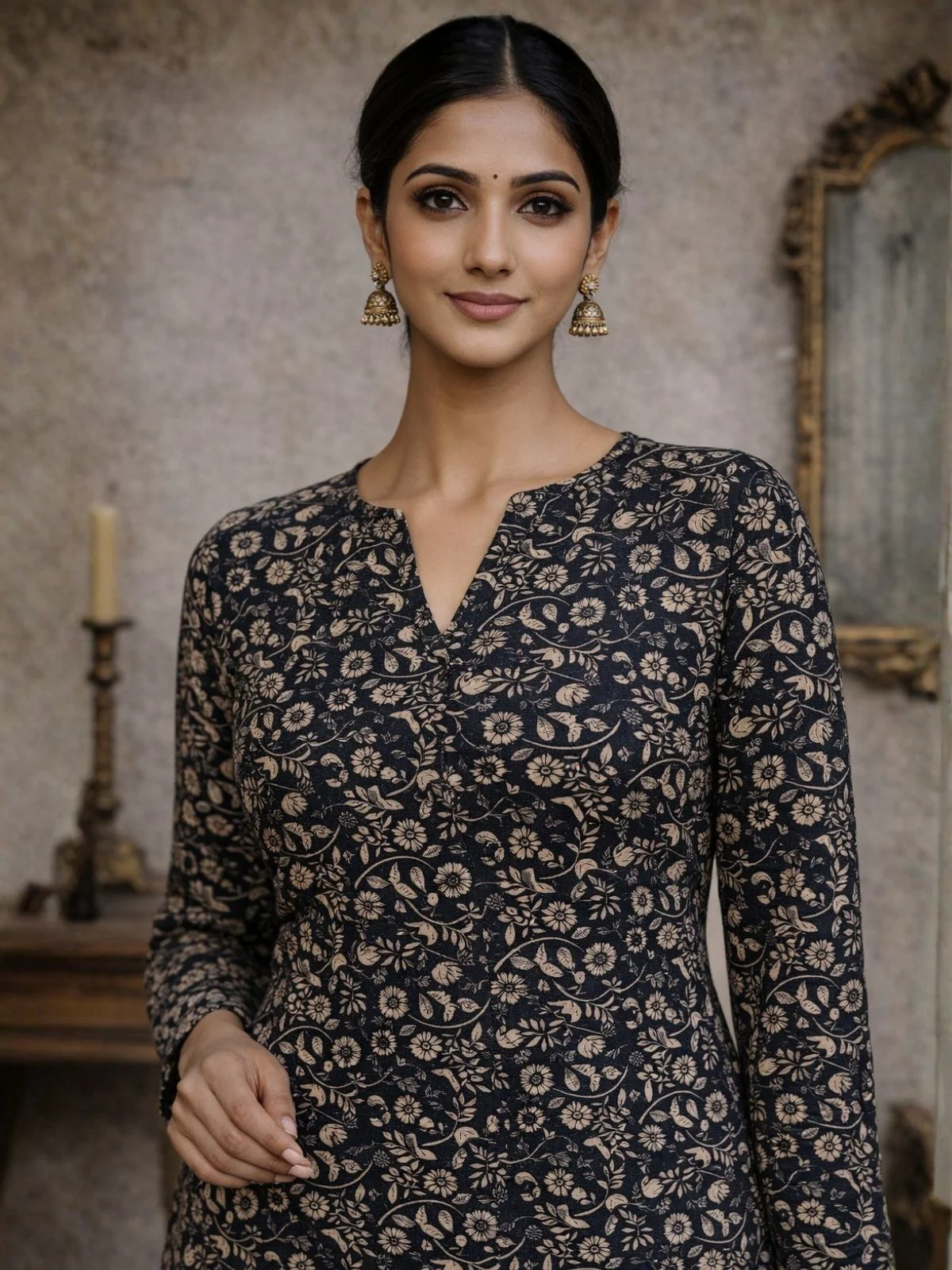 Odette Black Silk Blend Printed Solid Kurti For Women - Image 2