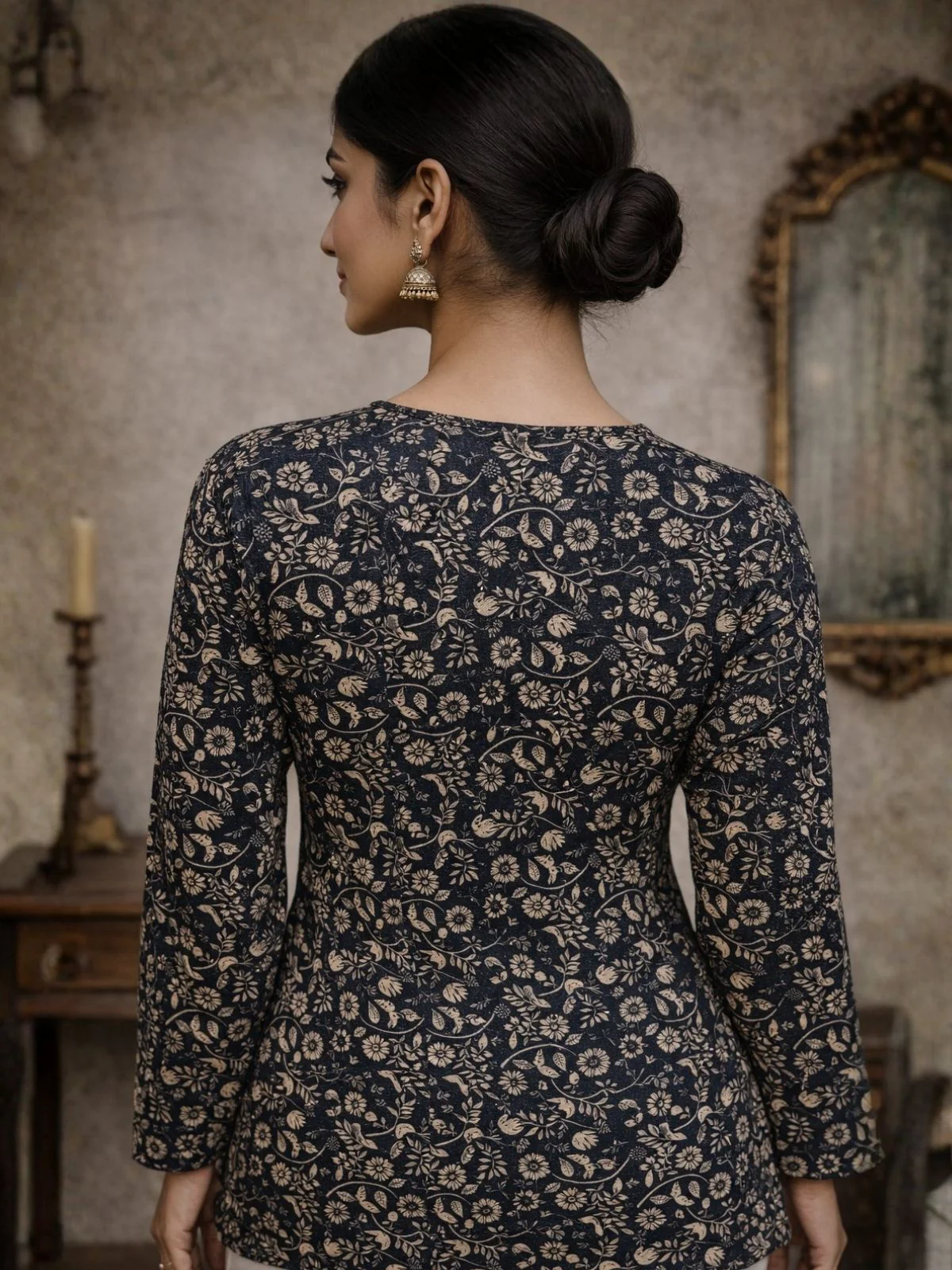 Odette Black Silk Blend Printed Solid Kurti For Women - Image 3