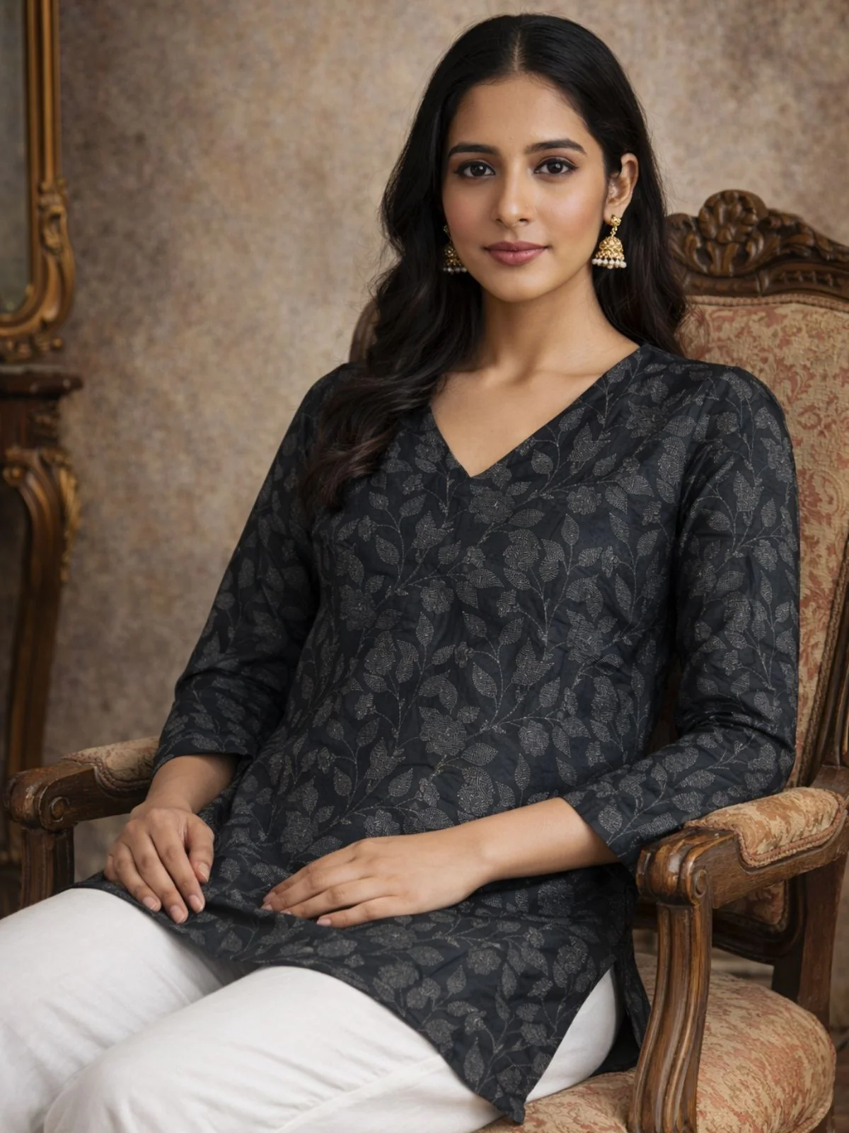 Odette Black Silk Blend Printed Solid Kurti For Women - Image 2