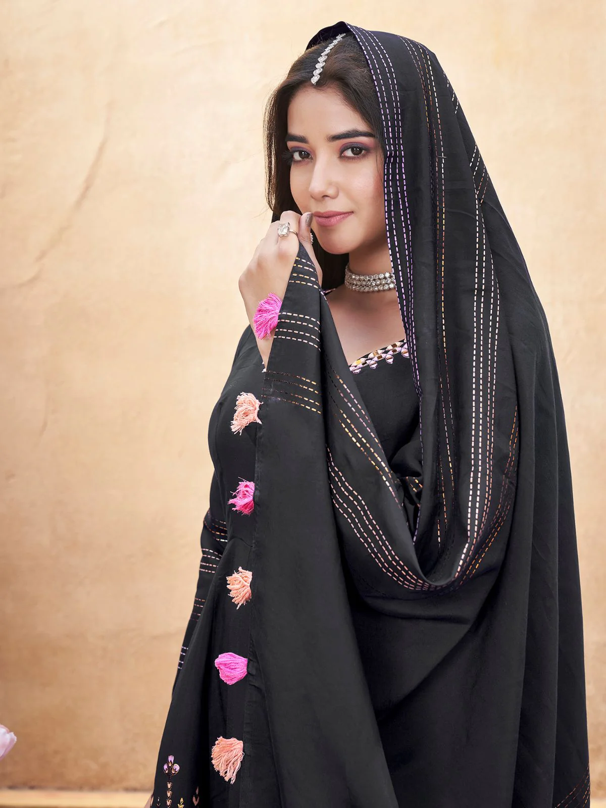 Odette Black Silk Blend Printed Stitched Kurta Set For Women - Image 4