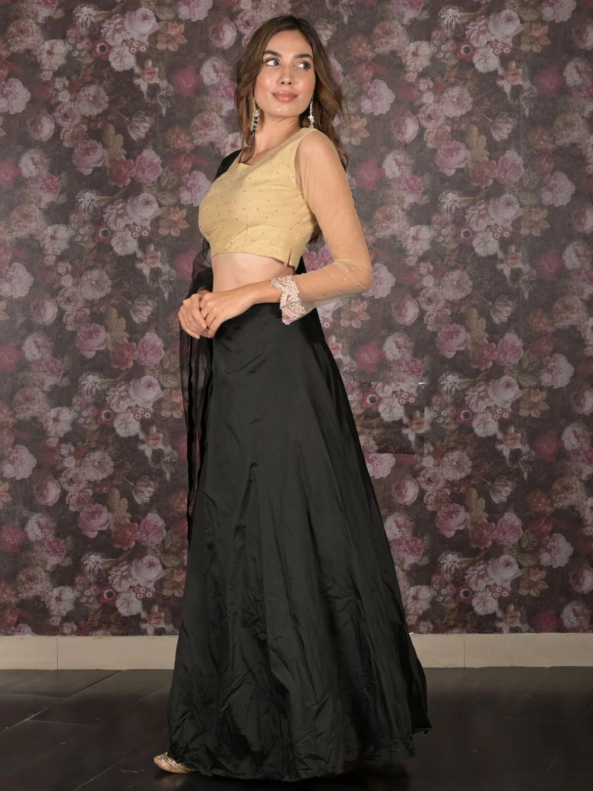Odette Black Silk Blend Semi-Stitched Lehenga with Unstitched Blouse for Women - Image 2