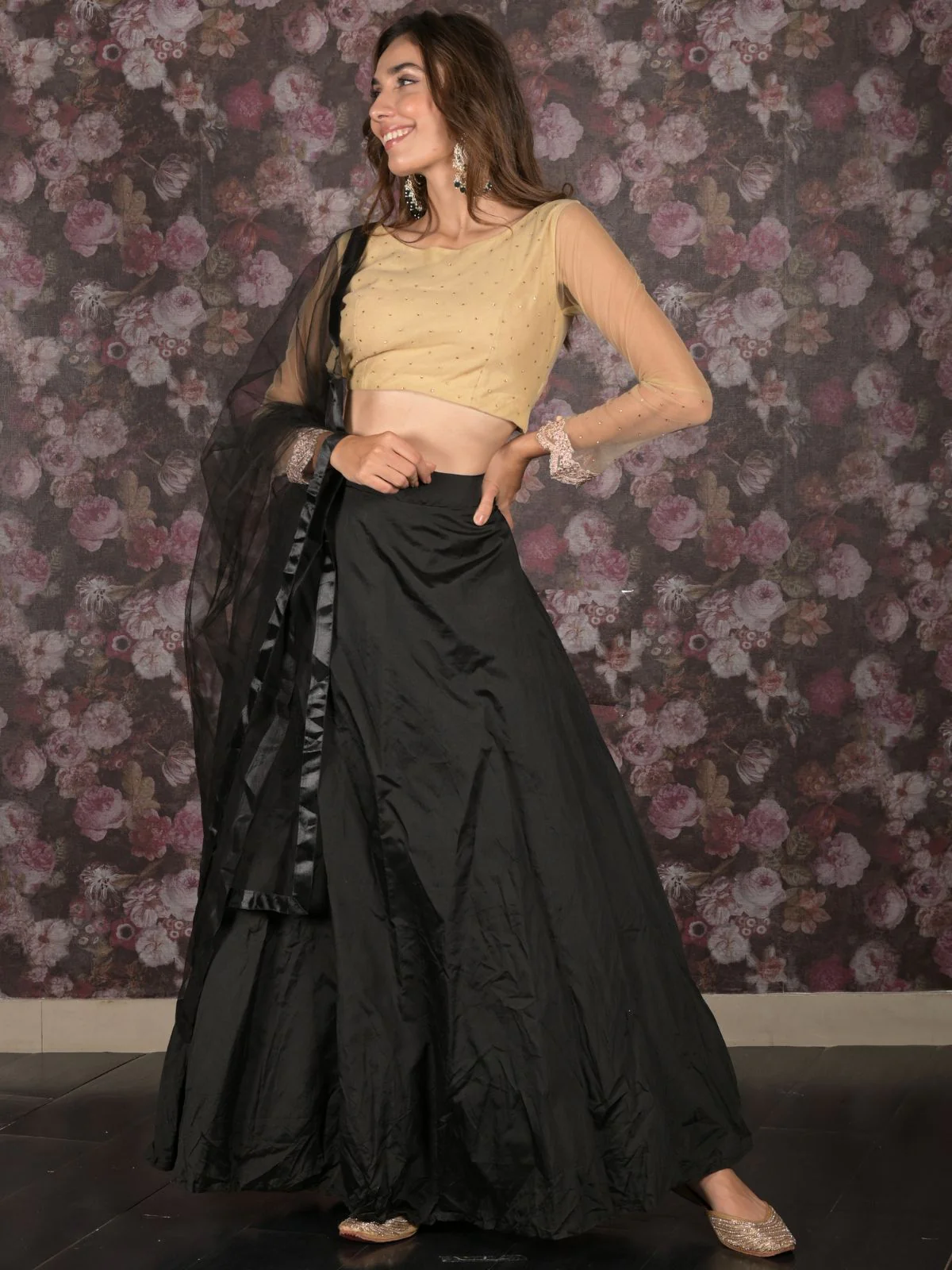 Odette Black Silk Blend Semi-Stitched Lehenga with Unstitched Blouse for Women - Image 3