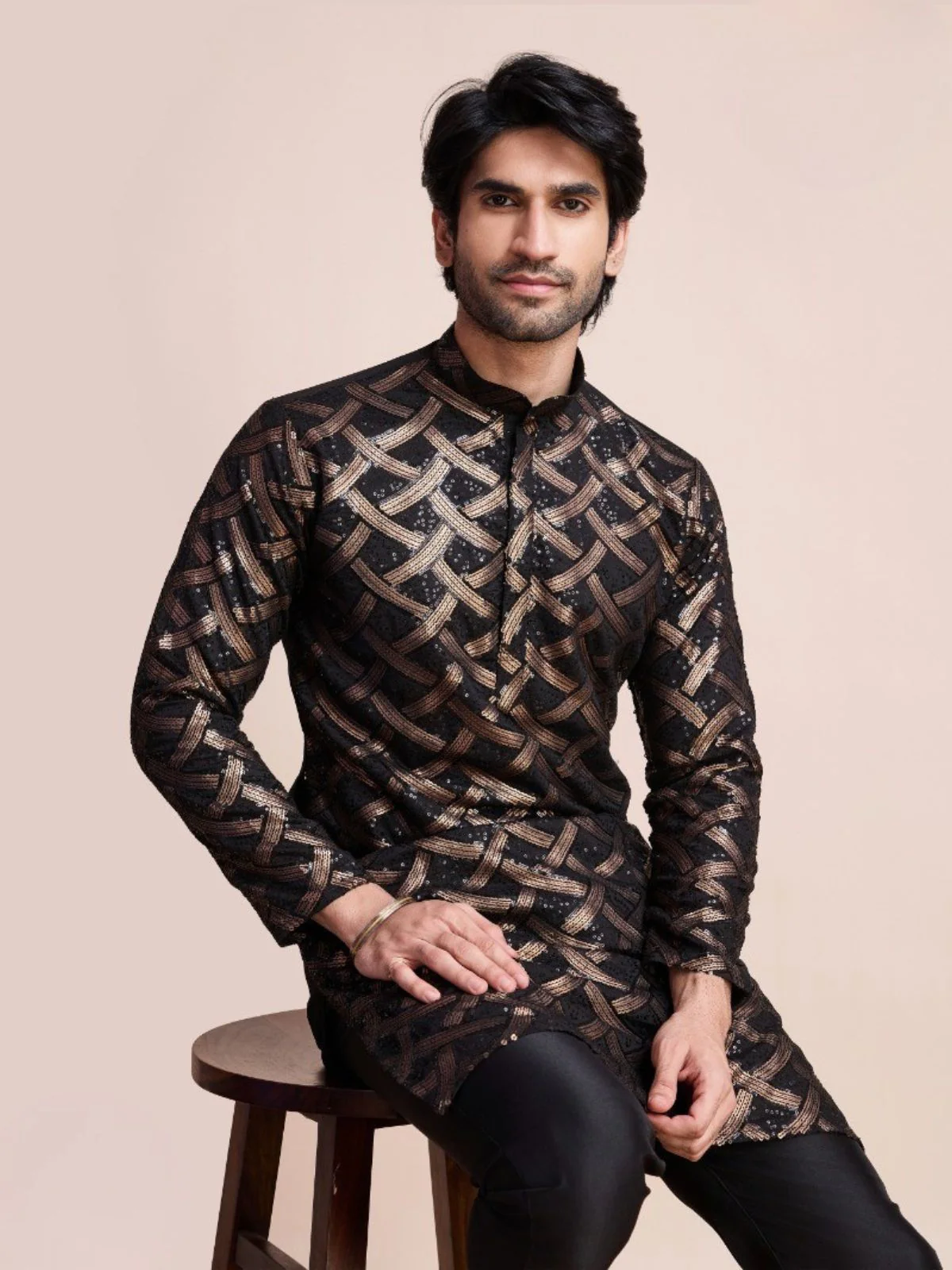 Odette Black Silk Blend Sequins Stitched Kurta For Men - Image 3
