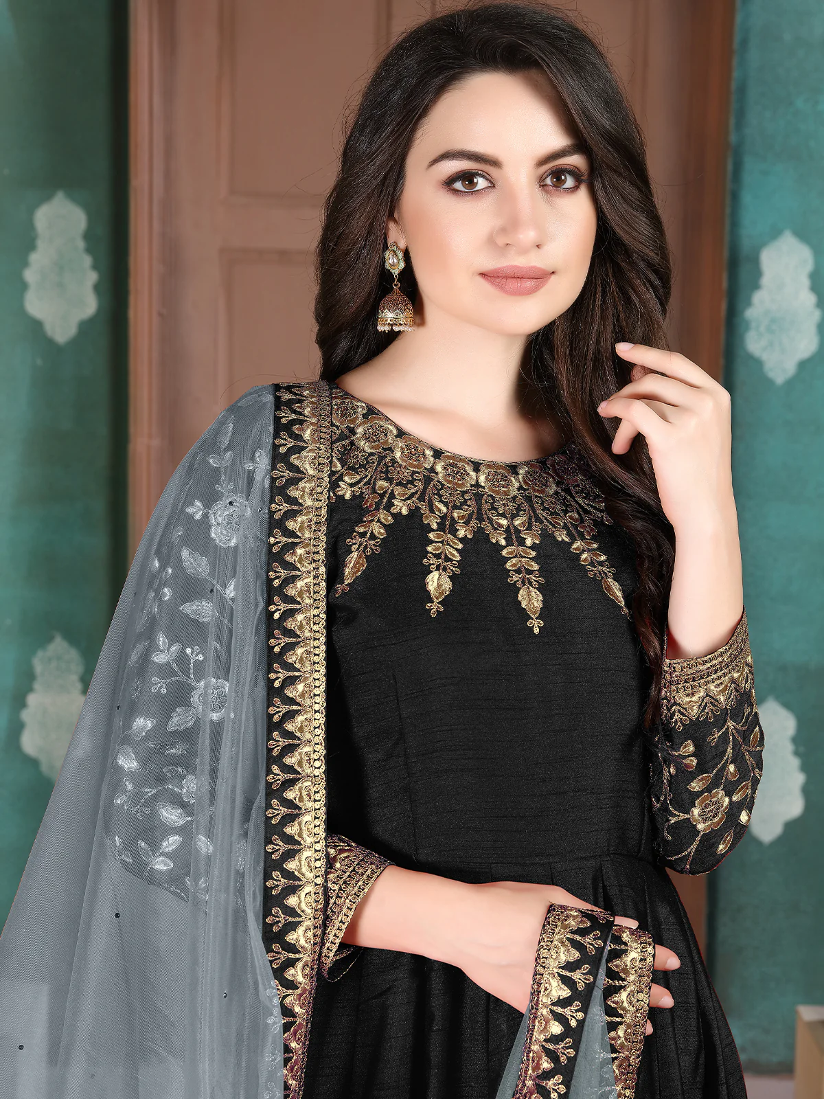 Odette Black Silk Embroidered Semi stitched Kurta Set For Women - Image 3