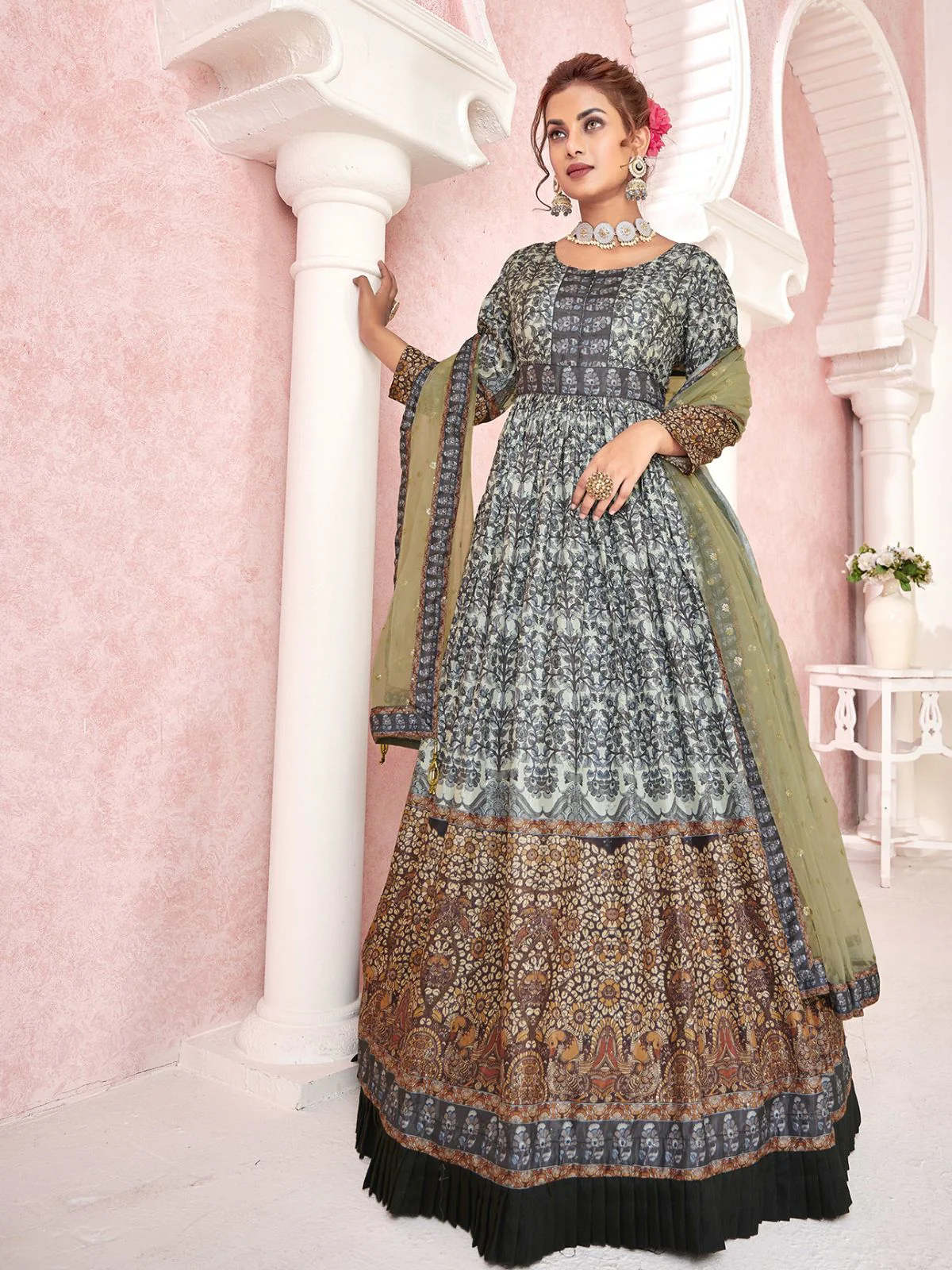Odette Black Silk Printed Stitched Gown For Women - Image 2