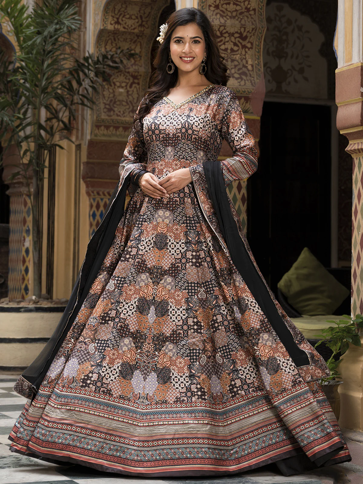 Odette Black Silk Stitched Gown with Dupatta For Women - Image 2