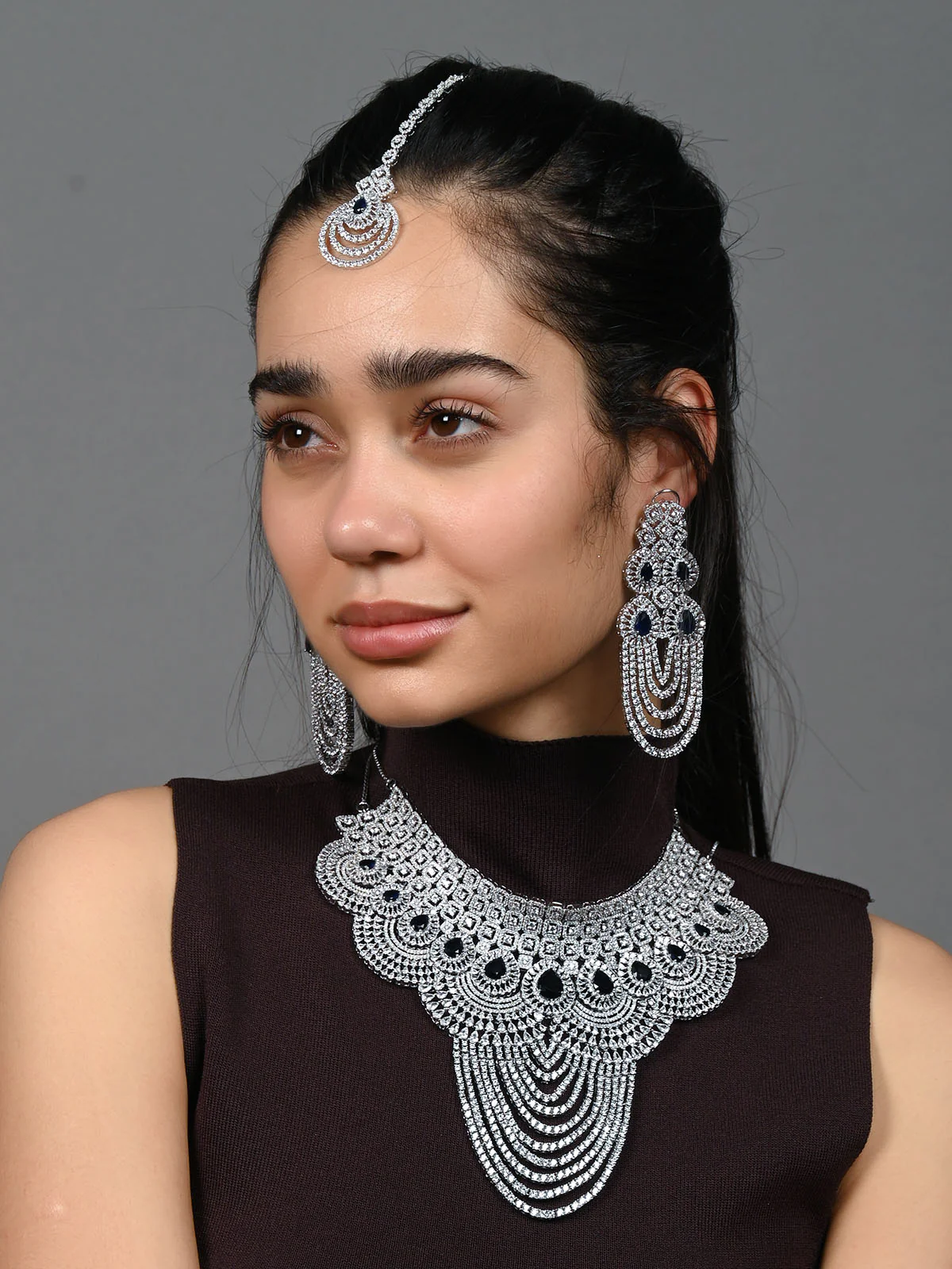 Odette Blue & Silver Alloy Embellished Jewellery Set For Women - Image 2