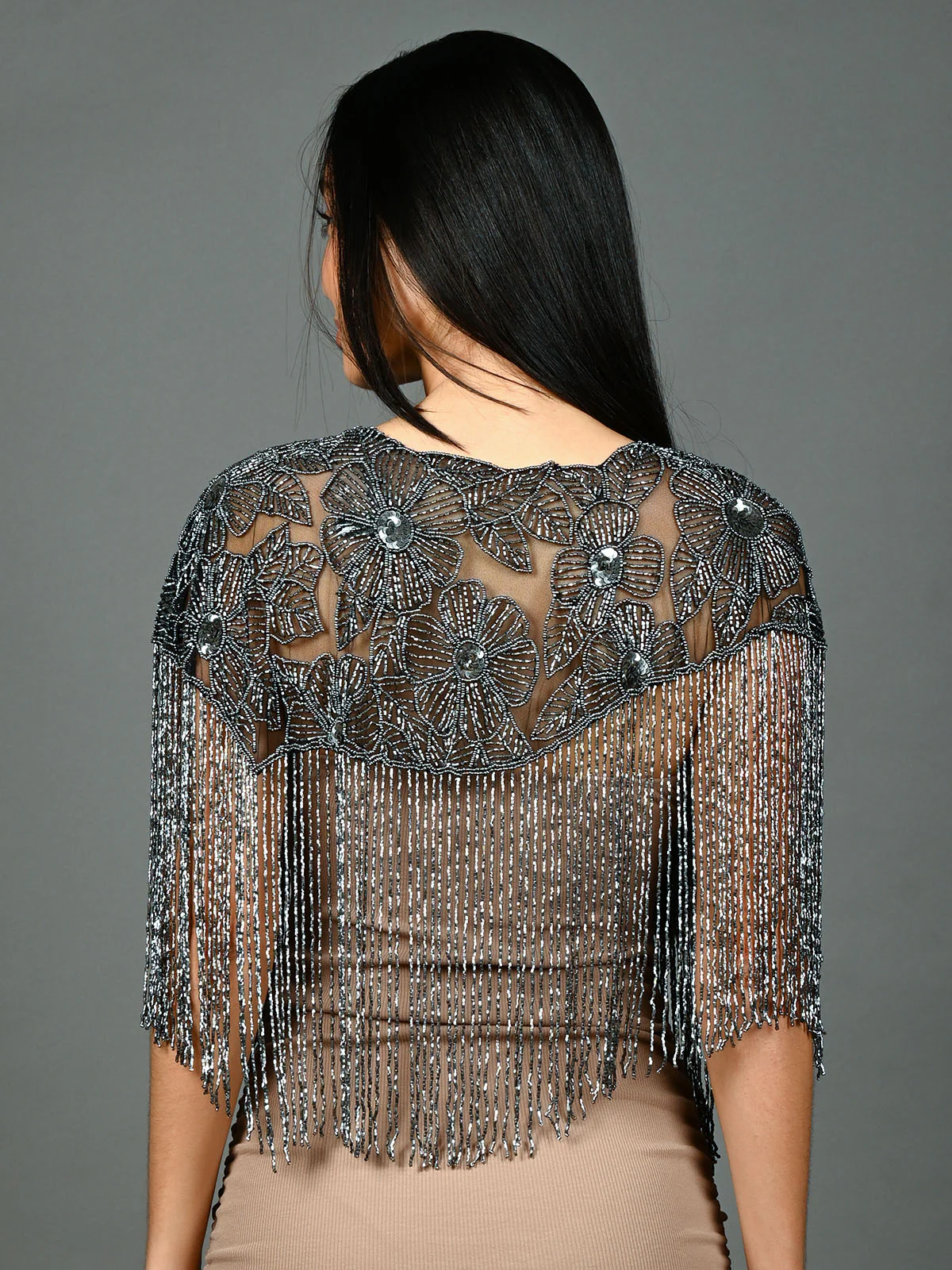 Odette Black & Silver Net Embellished Cape For Women - Image 4