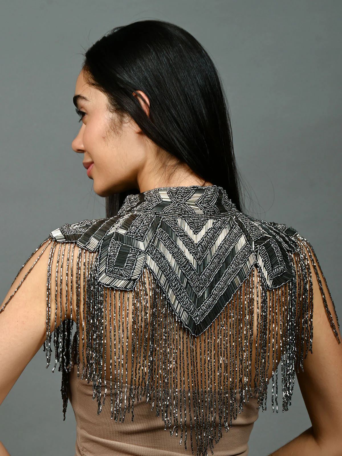 Odette Black & Silver Net Embellished Cape For Women - Image 4