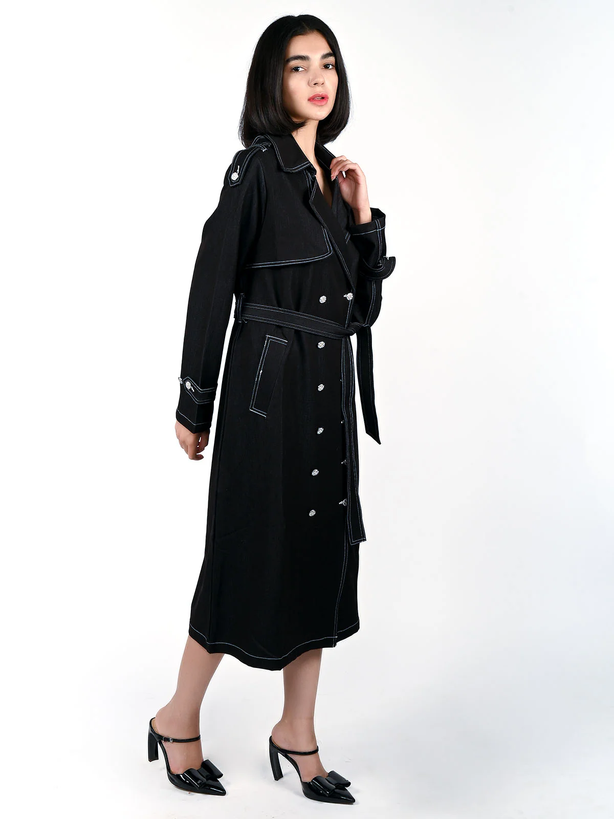 Odette Black Soft Denim Solid Overcoat For Women - Image 2
