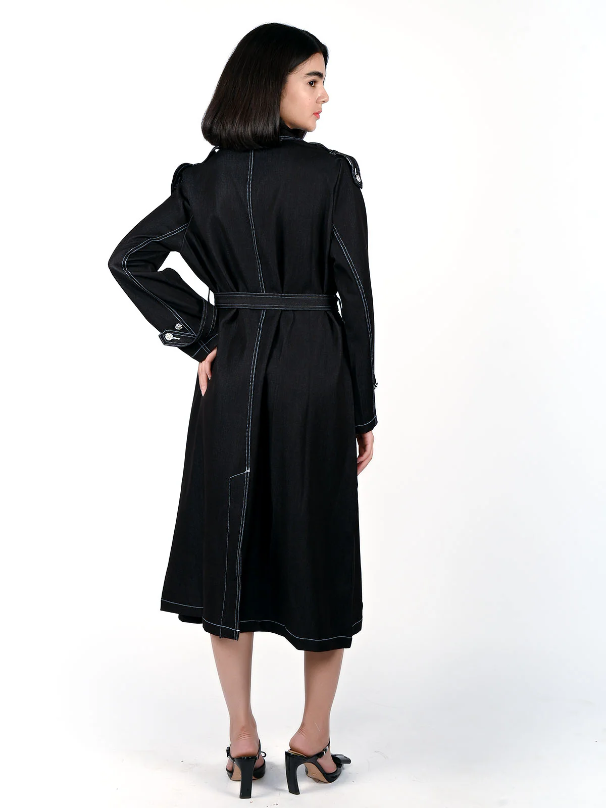 Odette Black Soft Denim Solid Overcoat For Women - Image 4