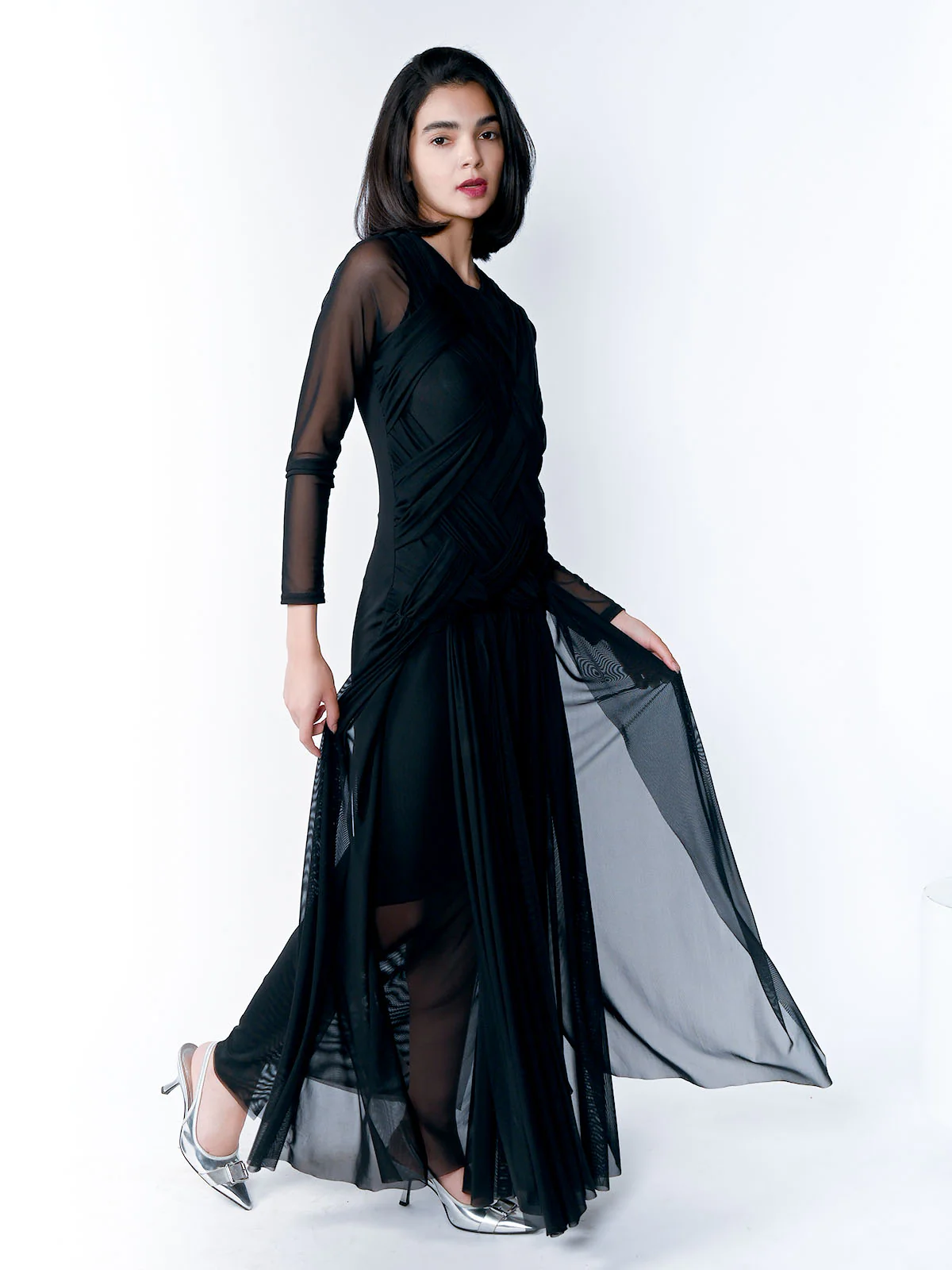 Odette Black Soft Net Braided Dress For Women - Image 3
