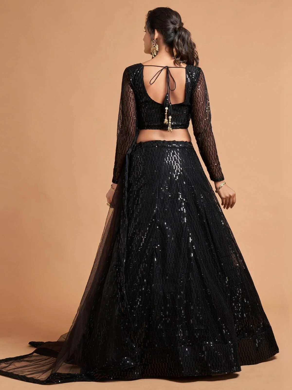 Odette Black Soft Net Seqin Semi Stitched Lehenga With Blouse For Women - Image 3