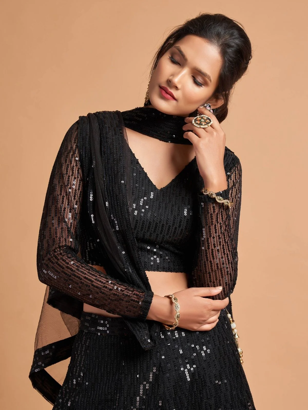 Odette Black Soft Net Seqin Semi Stitched Lehenga With Blouse For Women - Image 5
