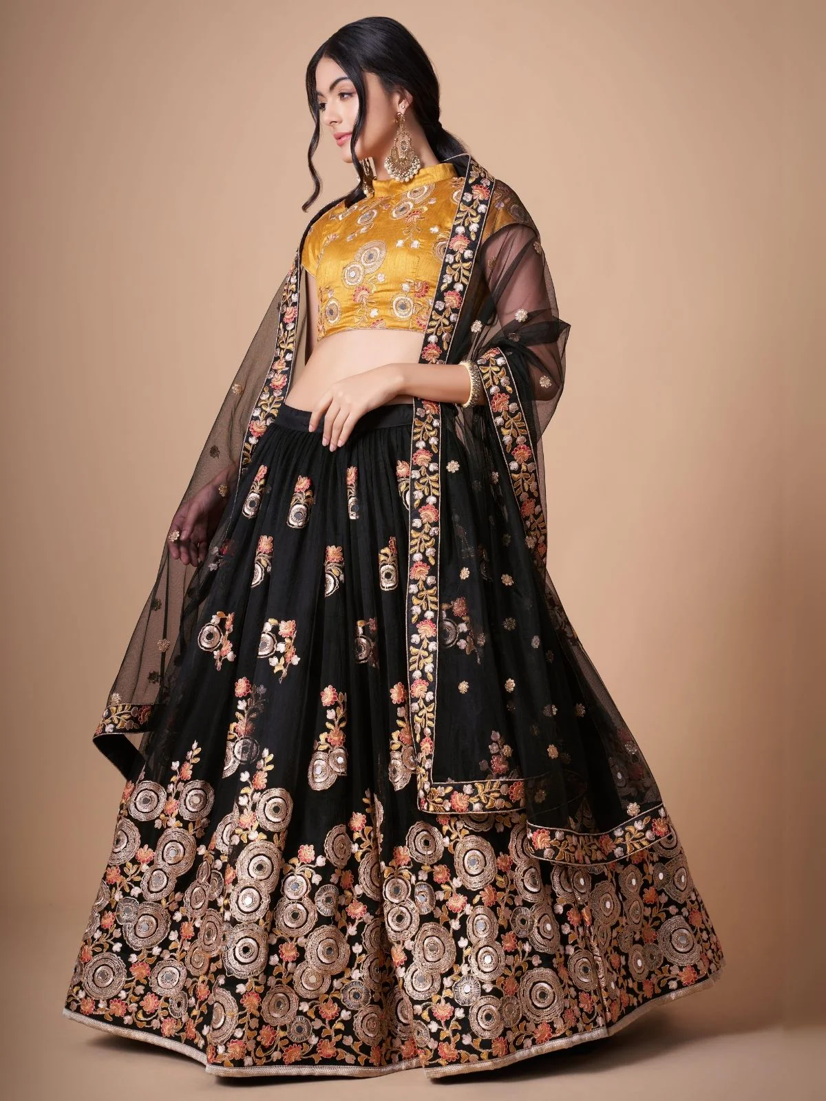 Odette Black Soft Net Embroidered Semi Stitched Lehenga With Blouse For Women - Image 2