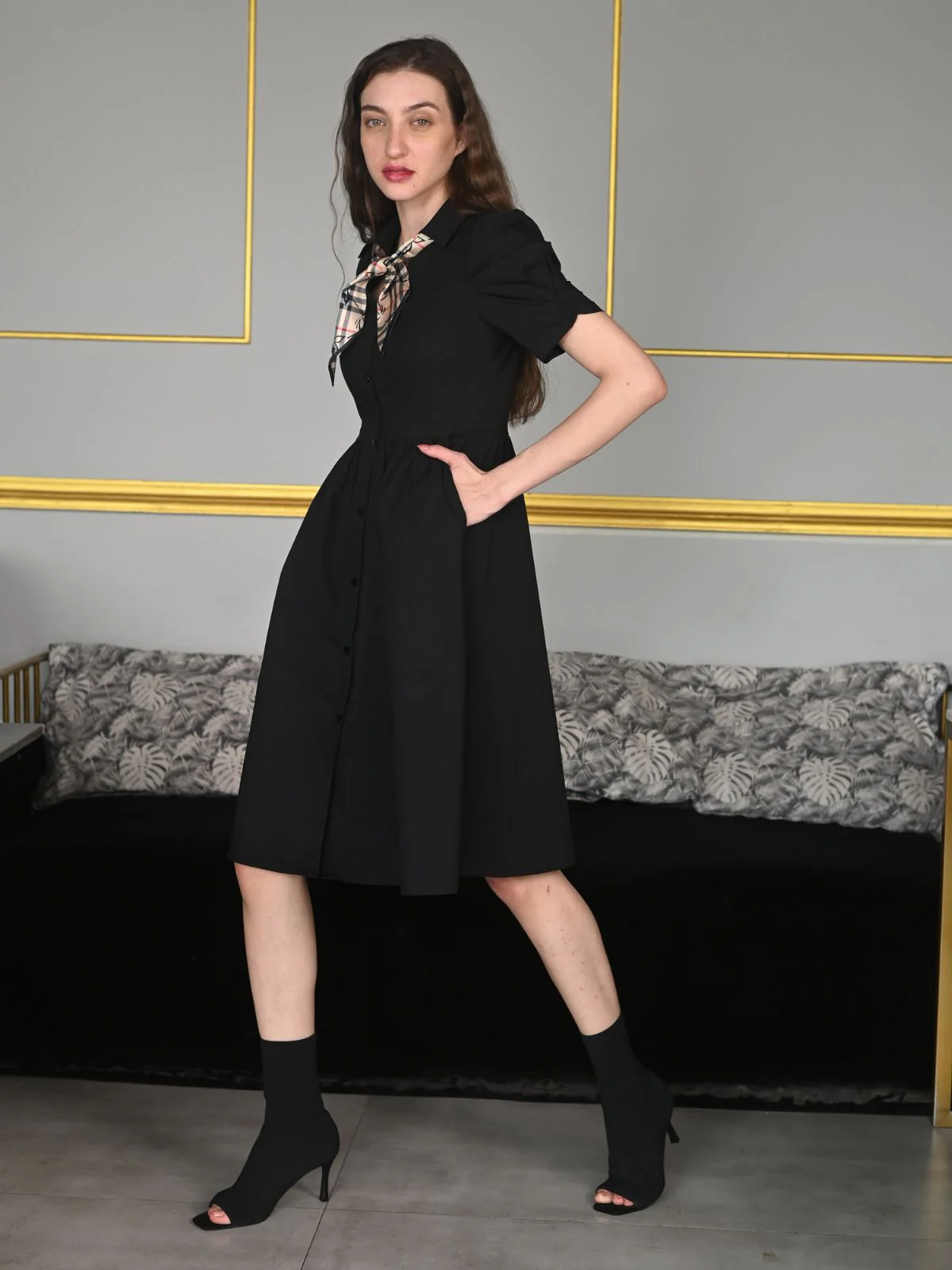 Odette Black Cotton Poplin Solid Tie Scarf Dress For Women - Image 2