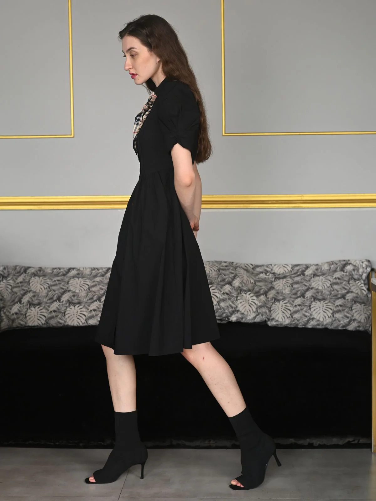 Odette Black Cotton Poplin Solid Tie Scarf Dress For Women - Image 3
