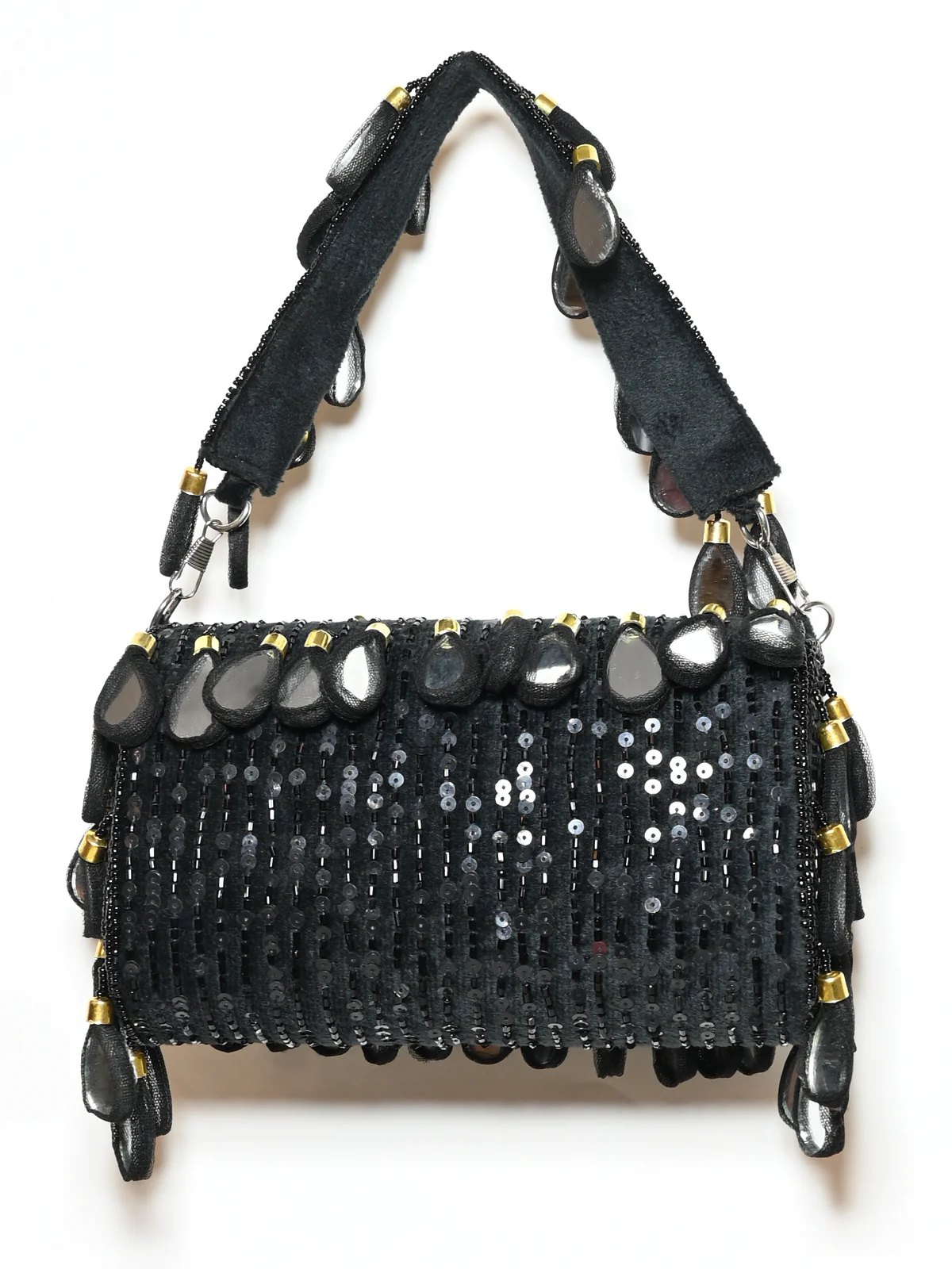 Odette Black Suede Cutdana And Mirror Embellished Clutch For Women - Image 2