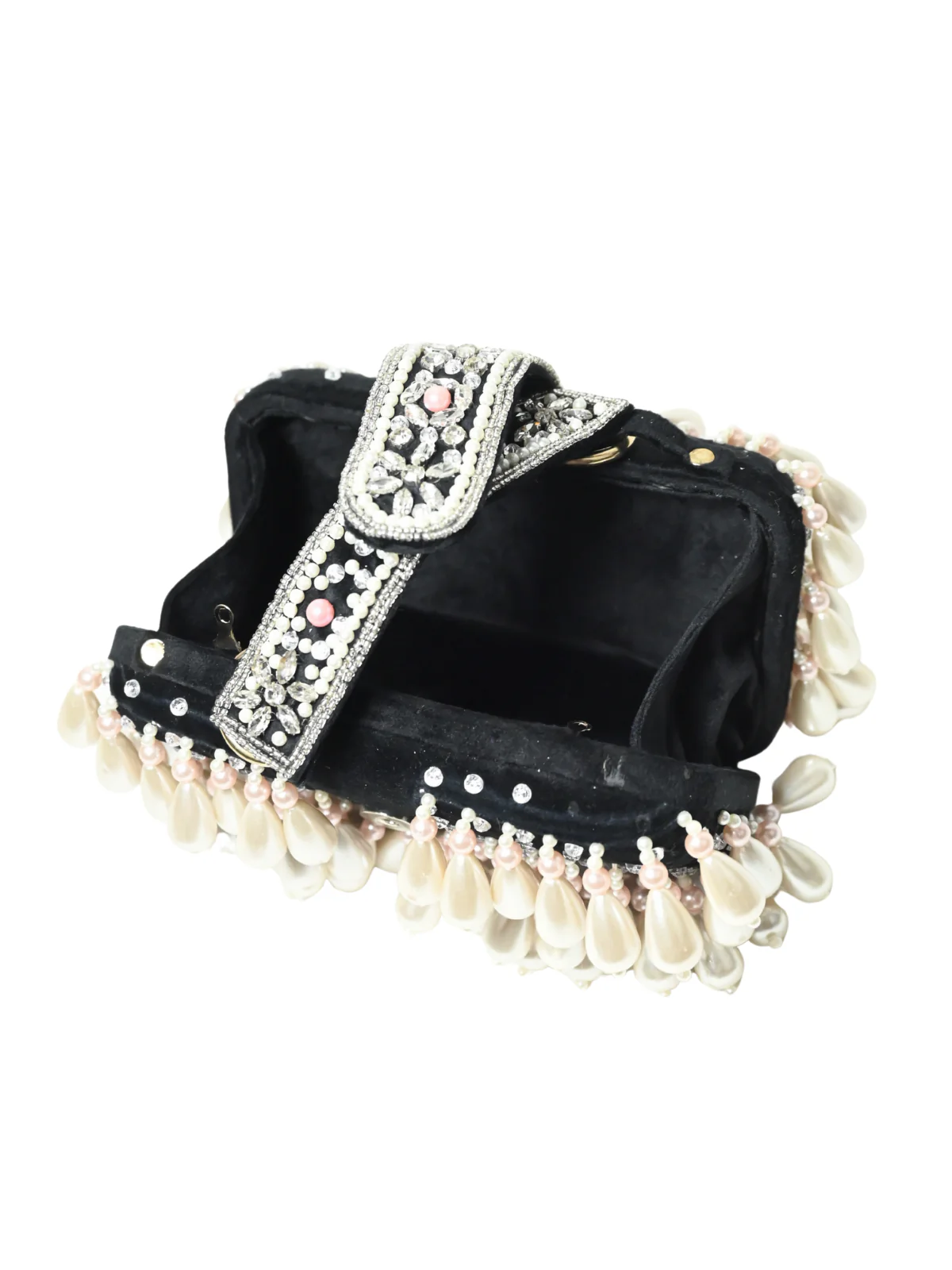 Odette Black Suede Embellished Clutch For Women - Image 6