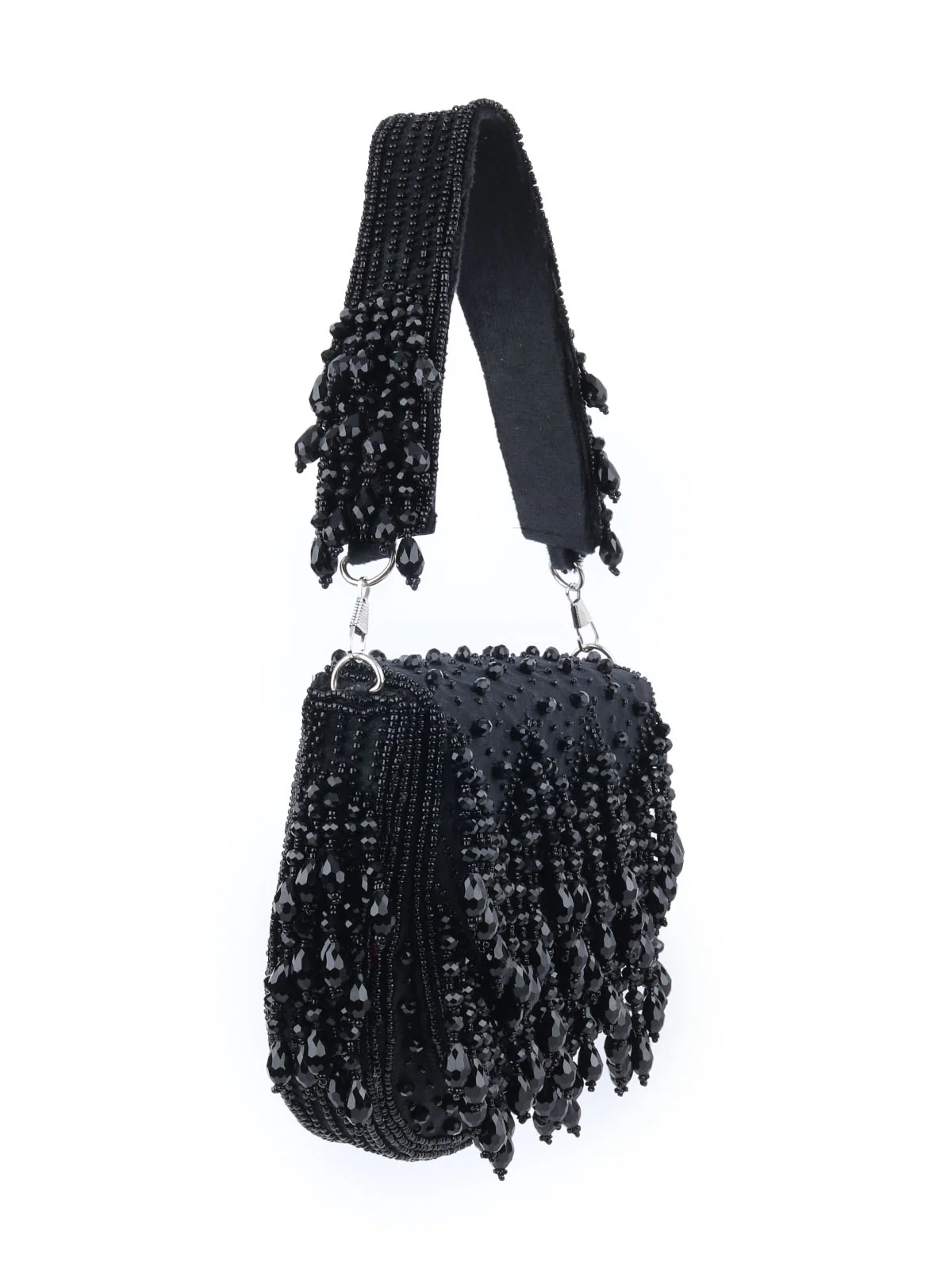 Odette Black Suede Embellished Hand Bag For Women - Image 4