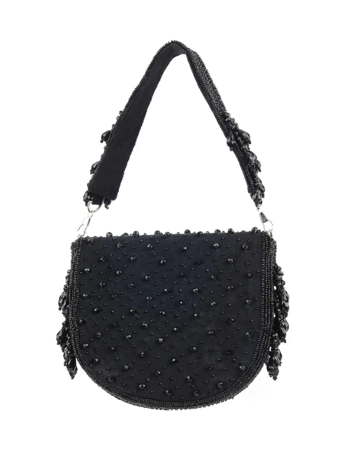 Odette Black Suede Embellished Hand Bag For Women - Image 5
