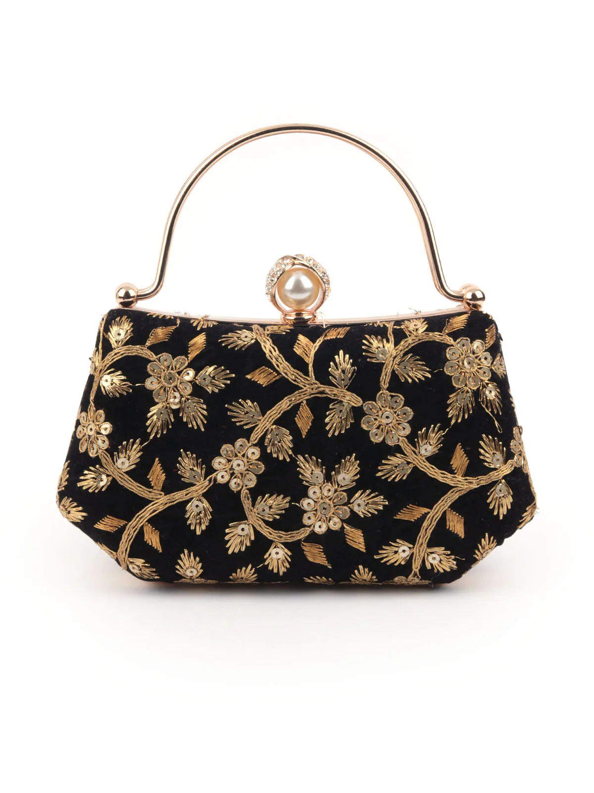 Odette Black Suede Embroidered Hand Bag For Women - Image 3