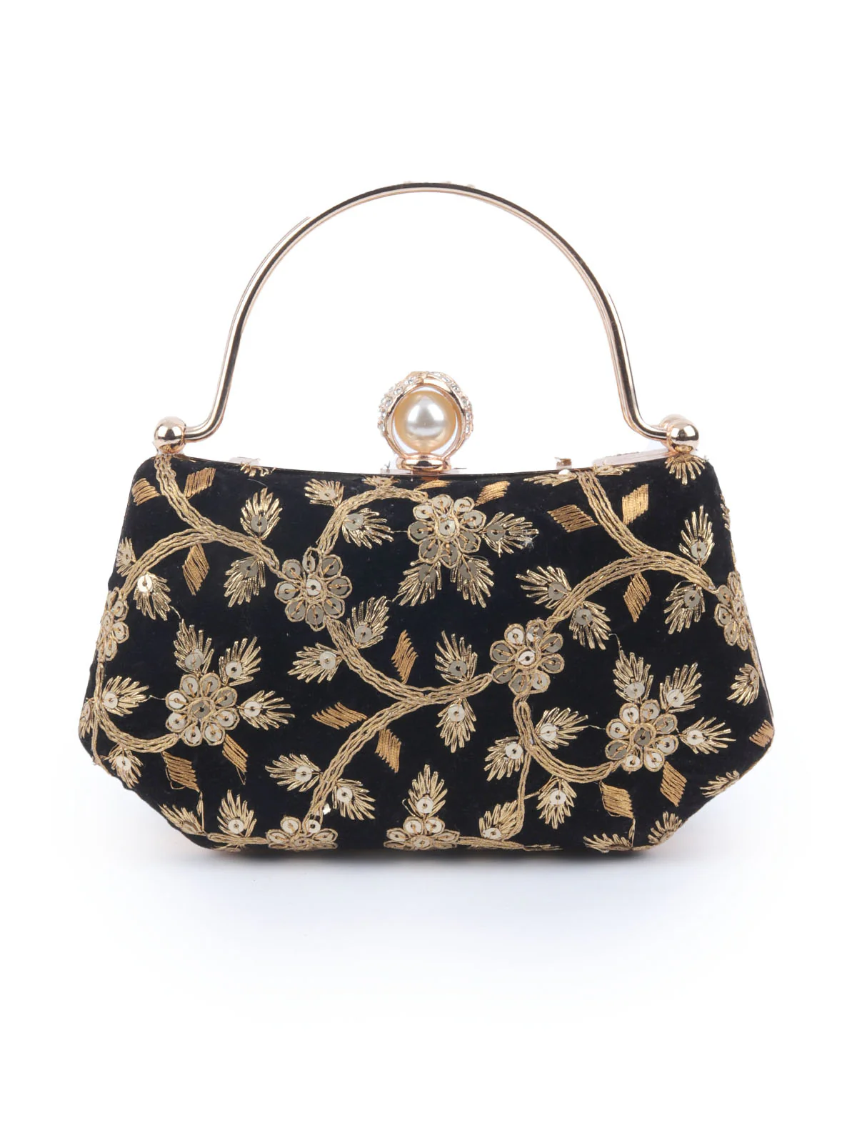 Odette Black Suede Embroidered Hand Bag For Women - Image 5