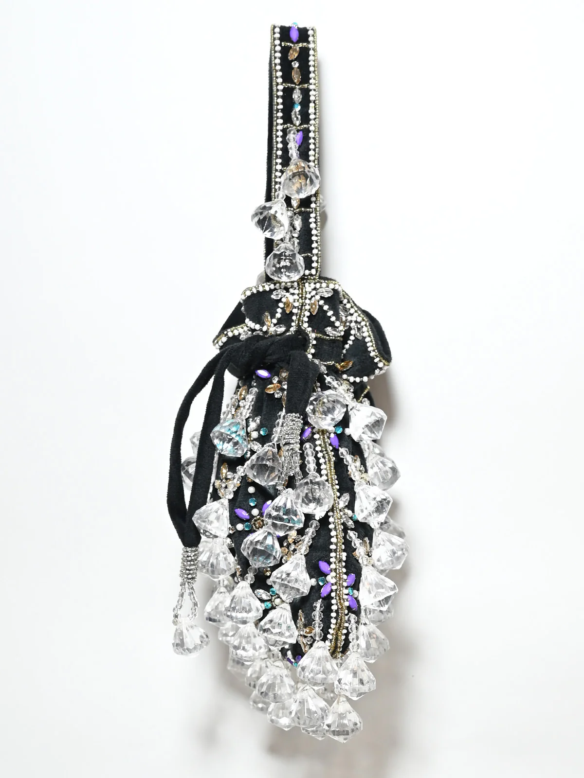 Odette Black Suede Stone And Pearl Embellished Potli For Women - Image 3