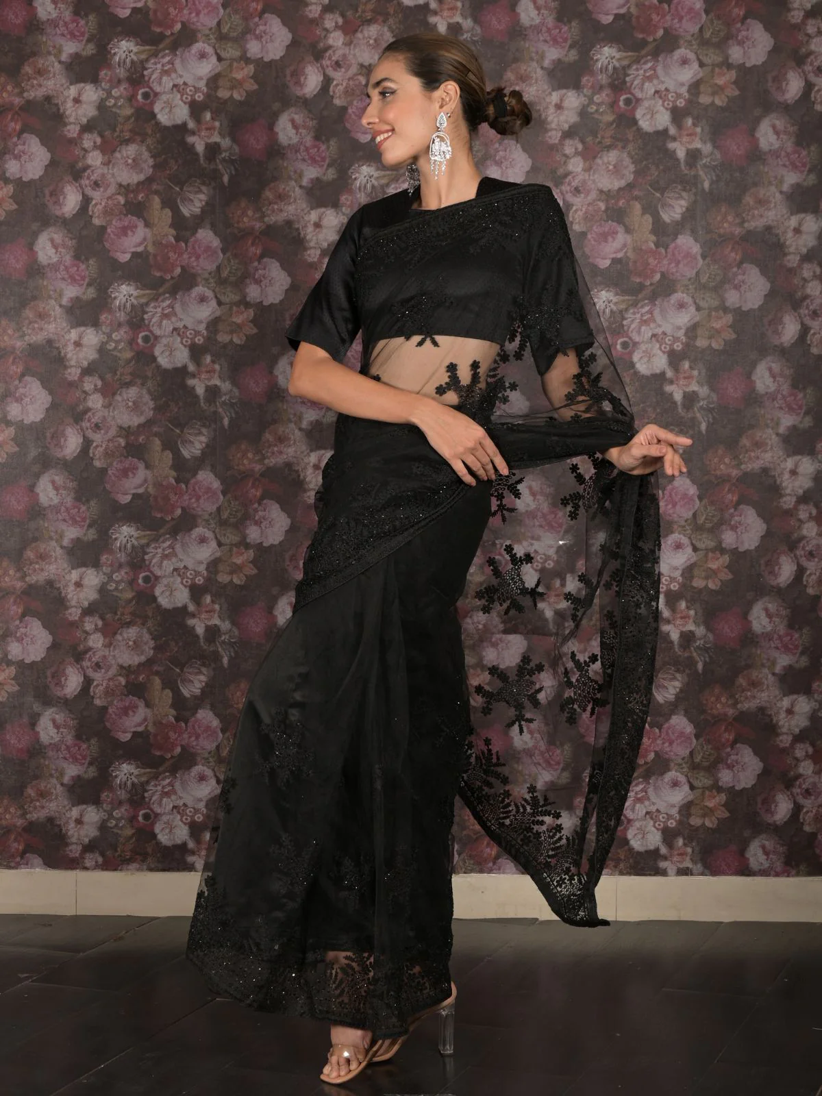 Odette Black Thread Embroidered Net Saree With Unstitched Blouse For Women - Image 3