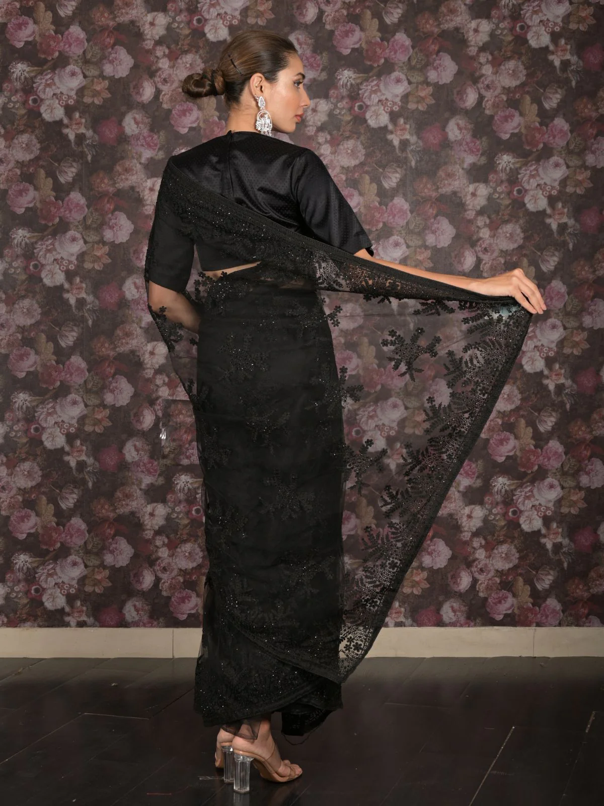 Odette Black Thread Embroidered Net Saree With Unstitched Blouse For Women - Image 4