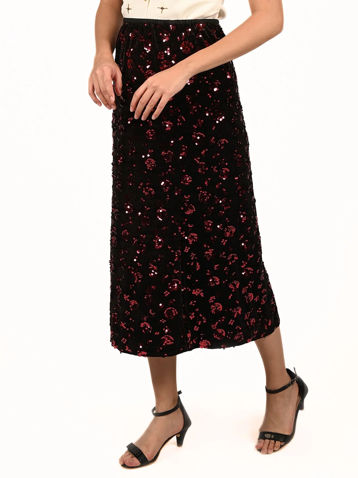 Odette Black Velvet Embellished Skirt For Women - Image 2