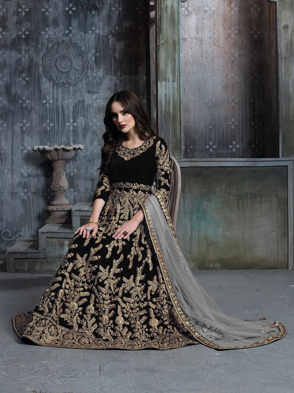 Odette Black Velvet Embroidered Semi stitched Kurta Set For Women - Image 2