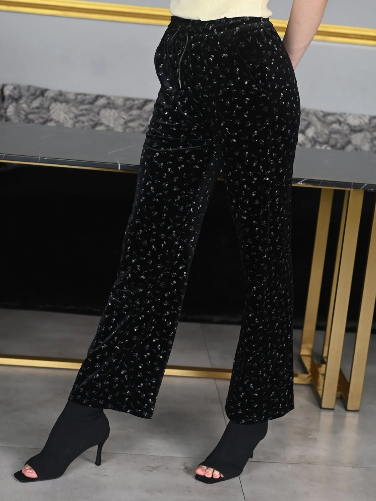 Odette Black Velvet Lycra Printed Trouser for Women - Image 3