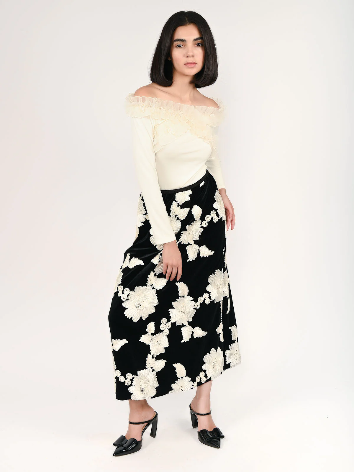 Odette Black Velvet Ribbon Applique Skirt For Women - Image 6