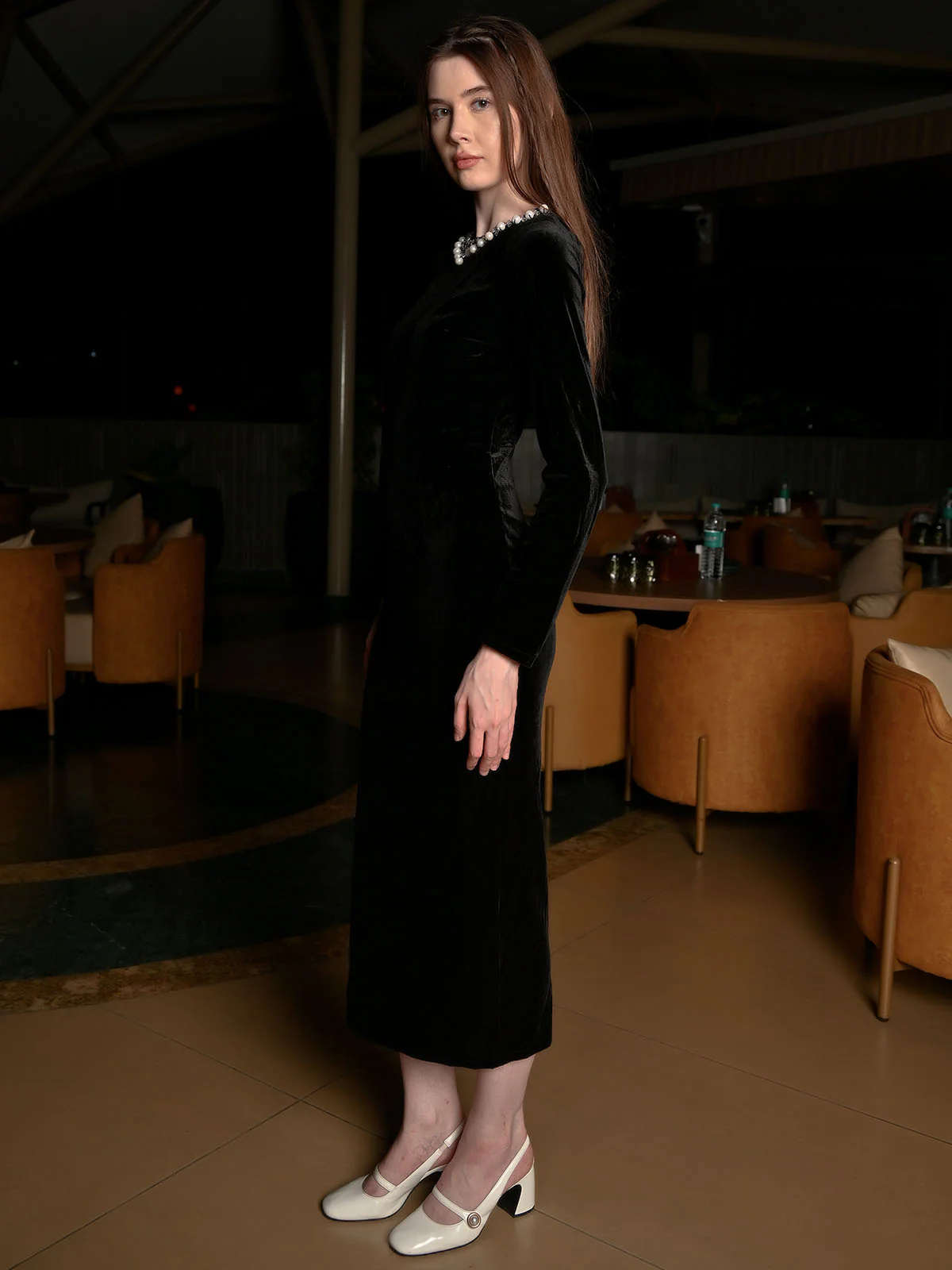 Odette Black Velvet Solid Dress For Women - Image 2
