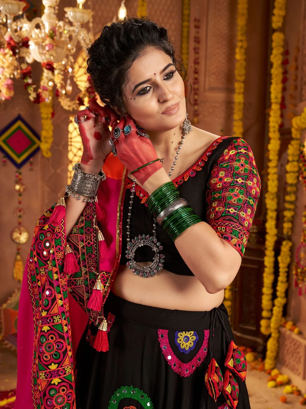 Odette Black Viscose Cotton Embroidered Semi-Stitched lehenga With Stunning Tassels For Women - Image 4