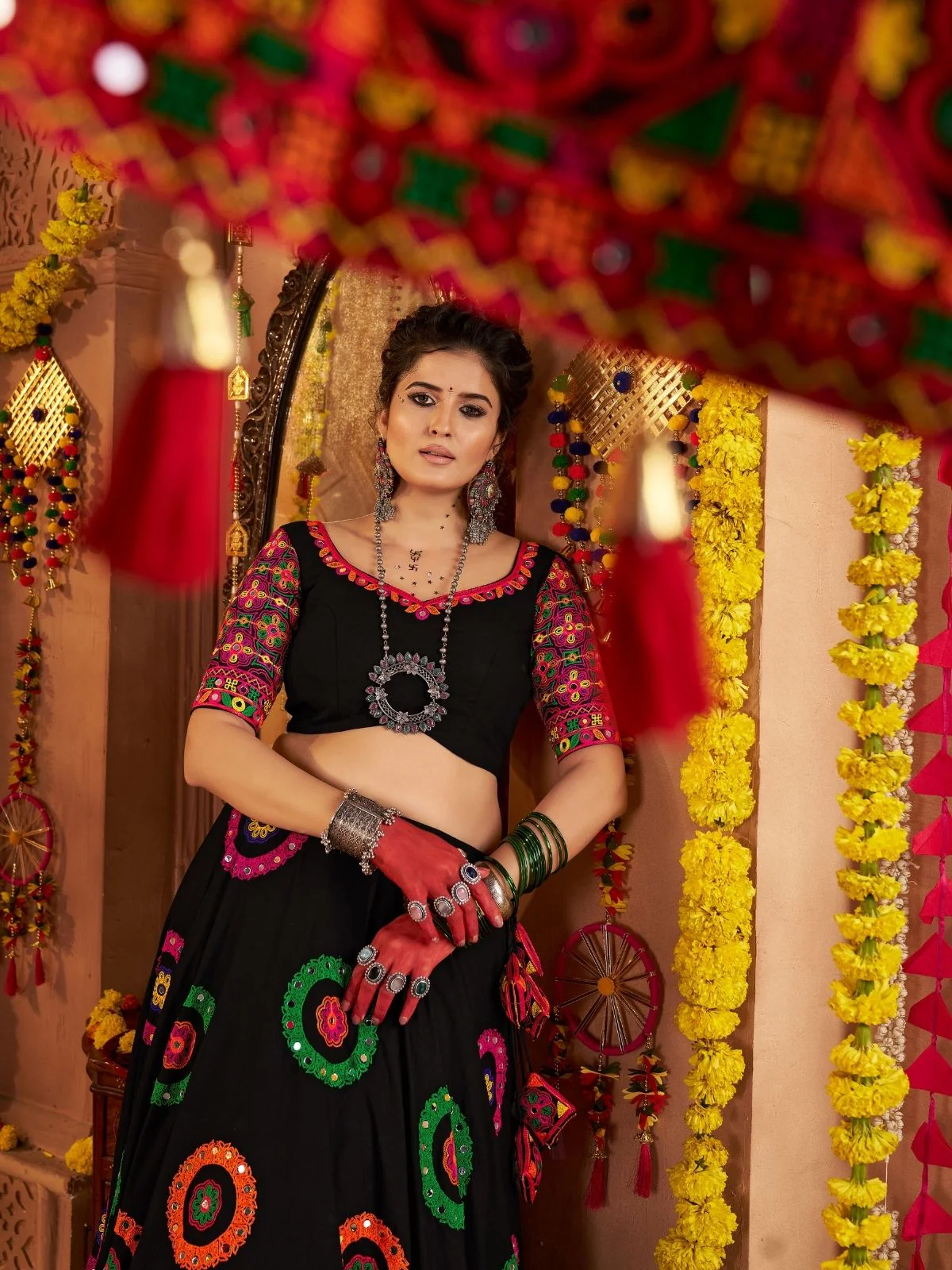 Odette Black Viscose Cotton Embroidered Semi-Stitched lehenga With Stunning Tassels For Women - Image 5