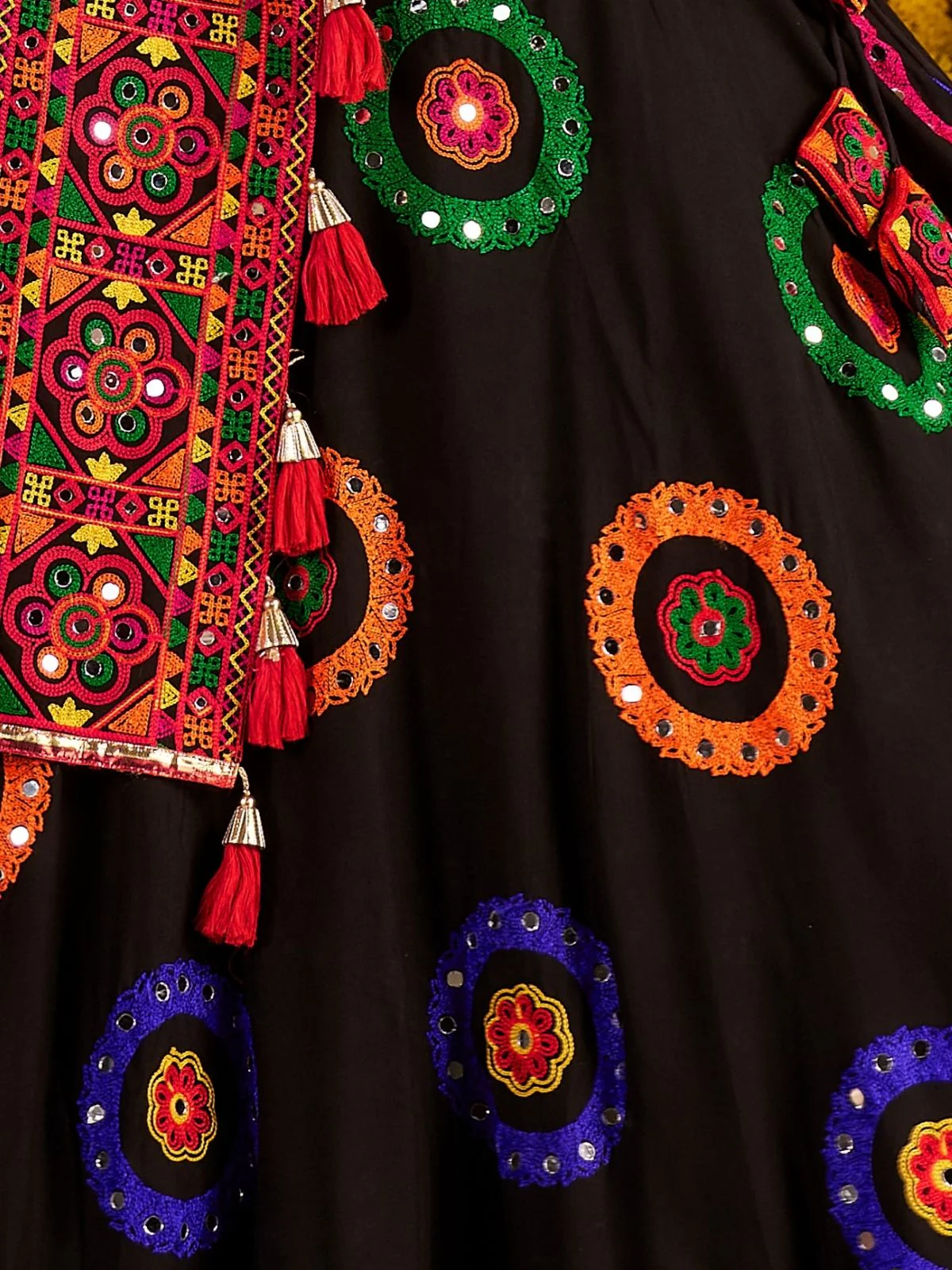 Odette Black Viscose Cotton Embroidered Semi-Stitched lehenga With Stunning Tassels For Women - Image 6
