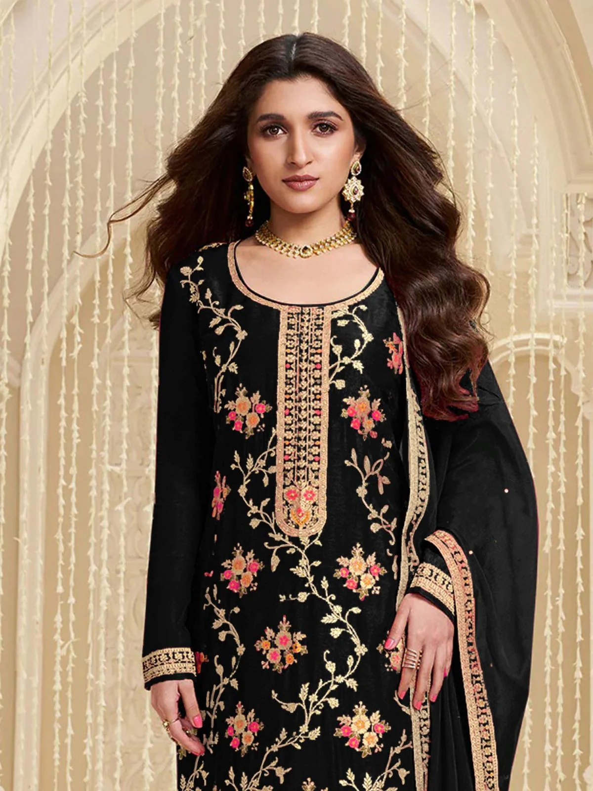 Odette Black Viscose Embroidered Semi-Stitched Kurta Set For Women - Image 2