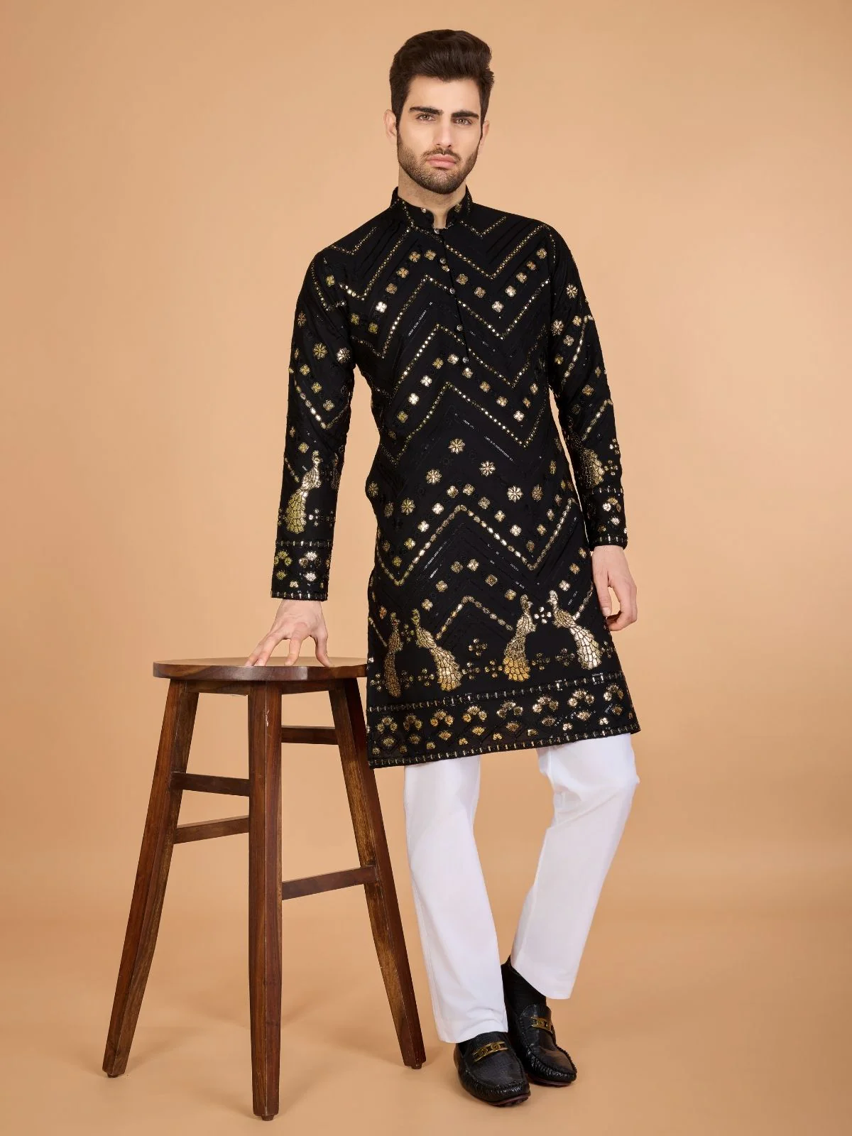 Odette Black Viscose Rayon Embroidered Stitched Kurta For Men - Image 2