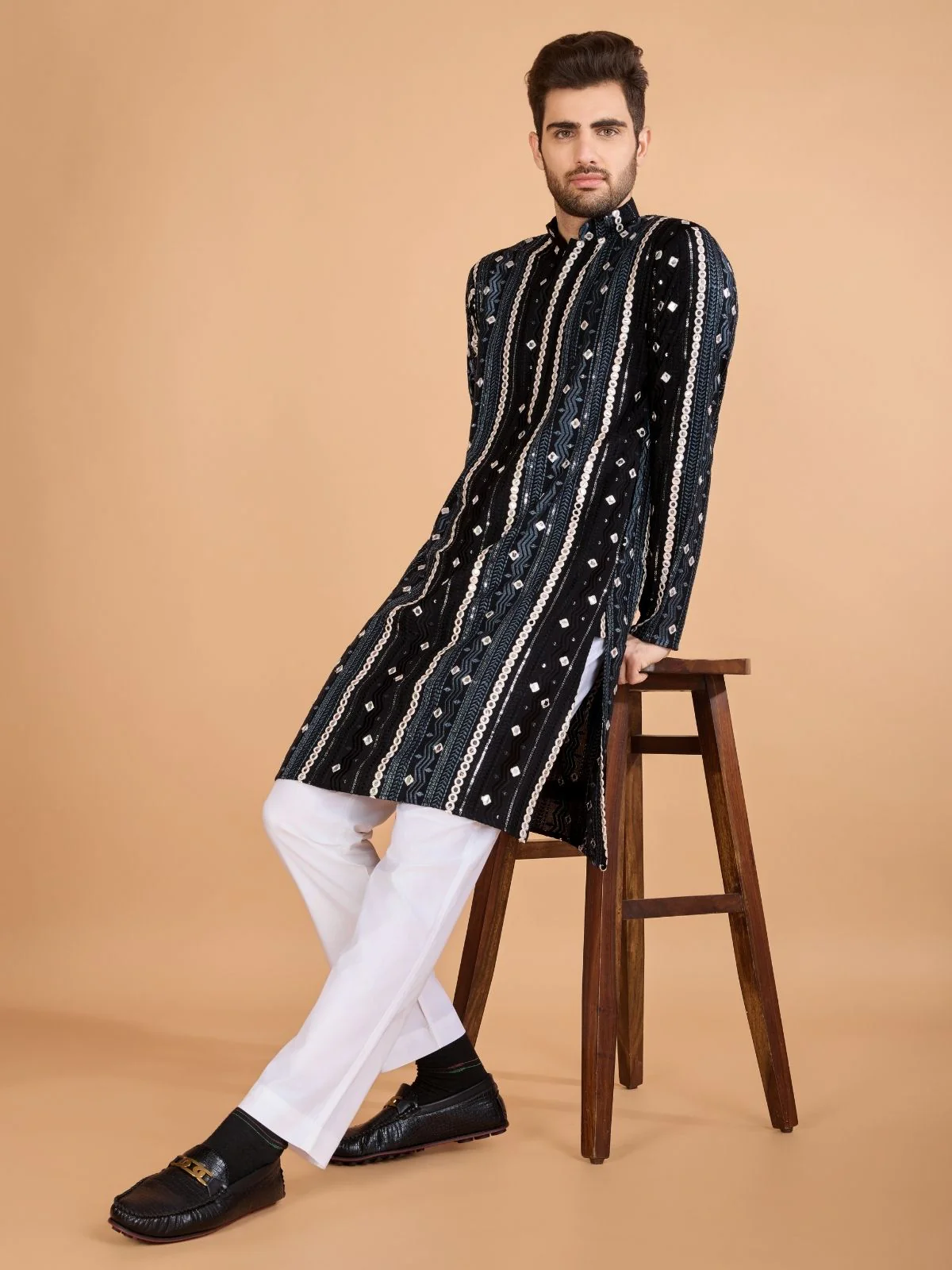 Odette Black Viscose Rayon Embroidered Stitched Kurta For Men - Image 2