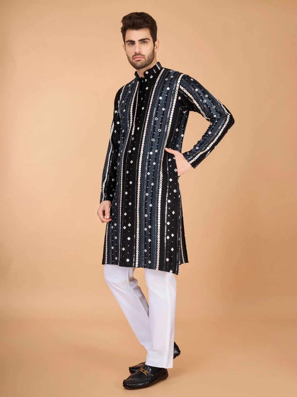 Odette Black Viscose Rayon Embroidered Stitched Kurta For Men - Image 3