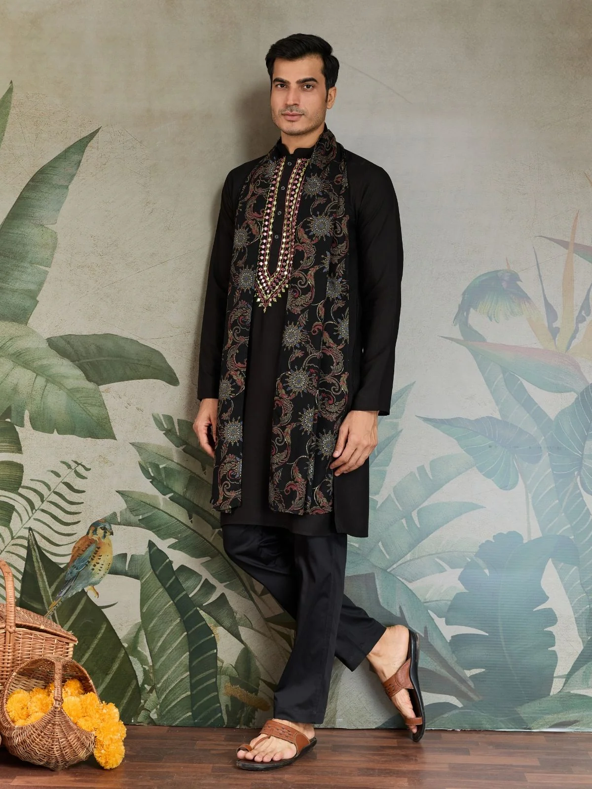 Odette Black Viscose Rayon Embroidered Stitched Kurta For Men - Image 2