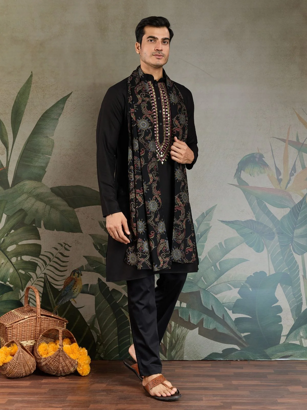 Odette Black Viscose Rayon Embroidered Stitched Kurta For Men - Image 3