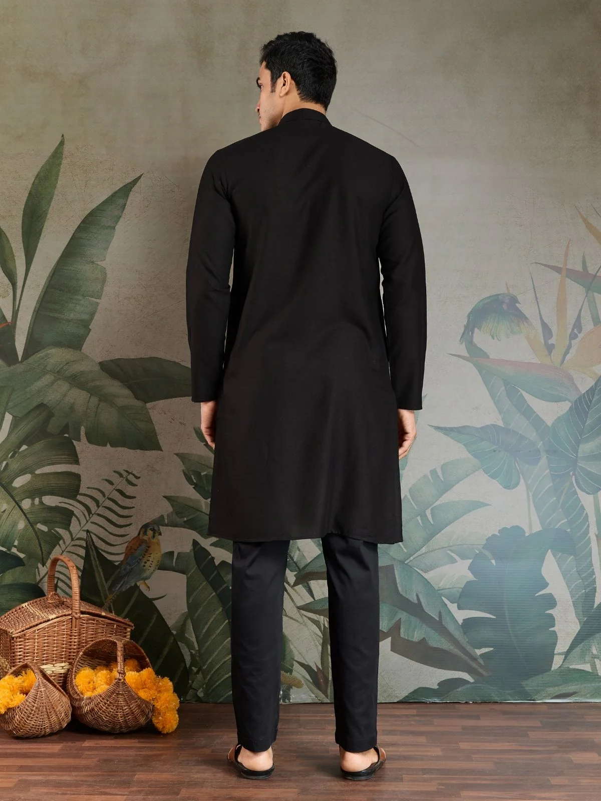 Odette Black Viscose Rayon Embroidered Stitched Kurta For Men - Image 5