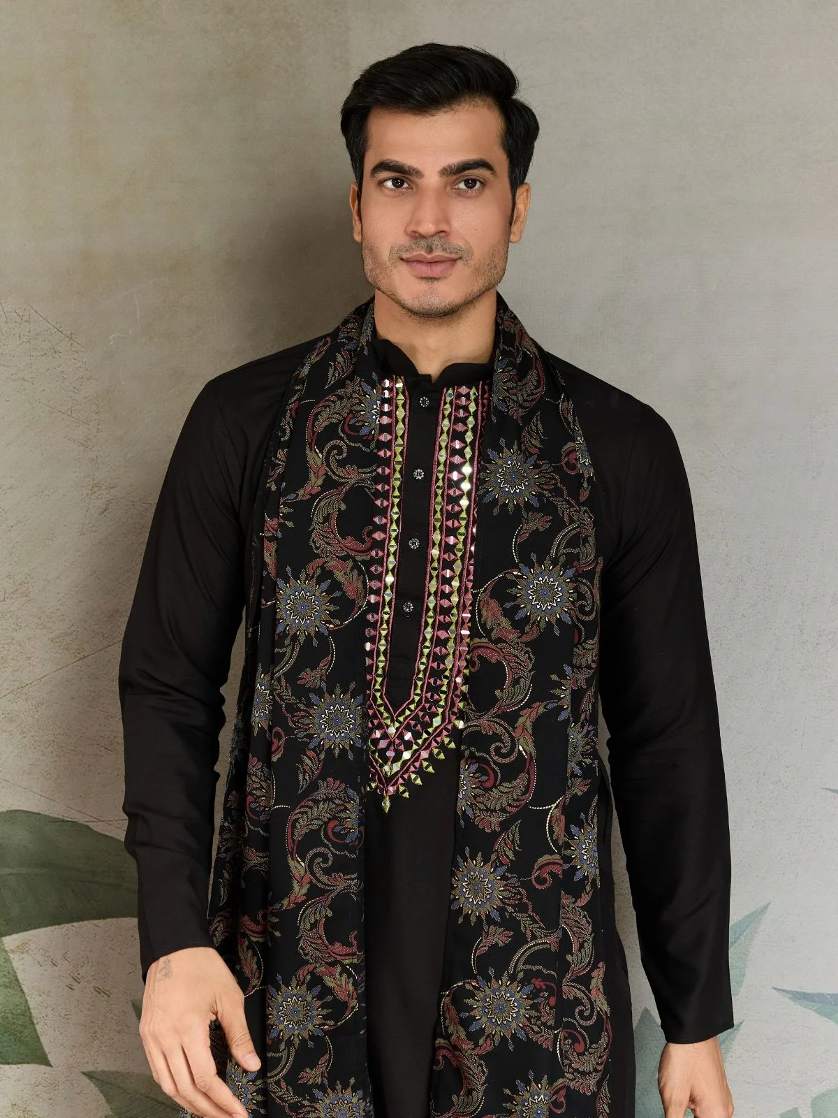 Odette Black Viscose Rayon Embroidered Stitched Kurta For Men - Image 6